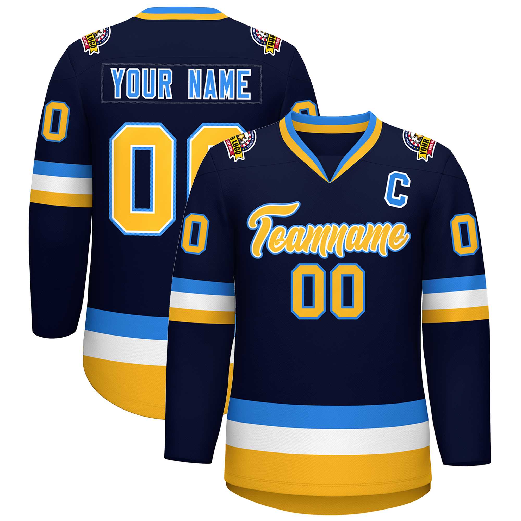 Custom Navy Gold White-Powder Blue Classic Style Hockey Jersey