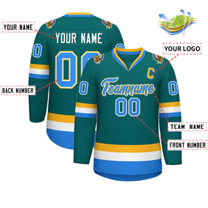 Custom Teal Powder Blue White-Gold Classic Style Hockey Jersey