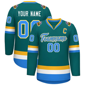 Custom Teal Powder Blue White-Gold Classic Style Hockey Jersey