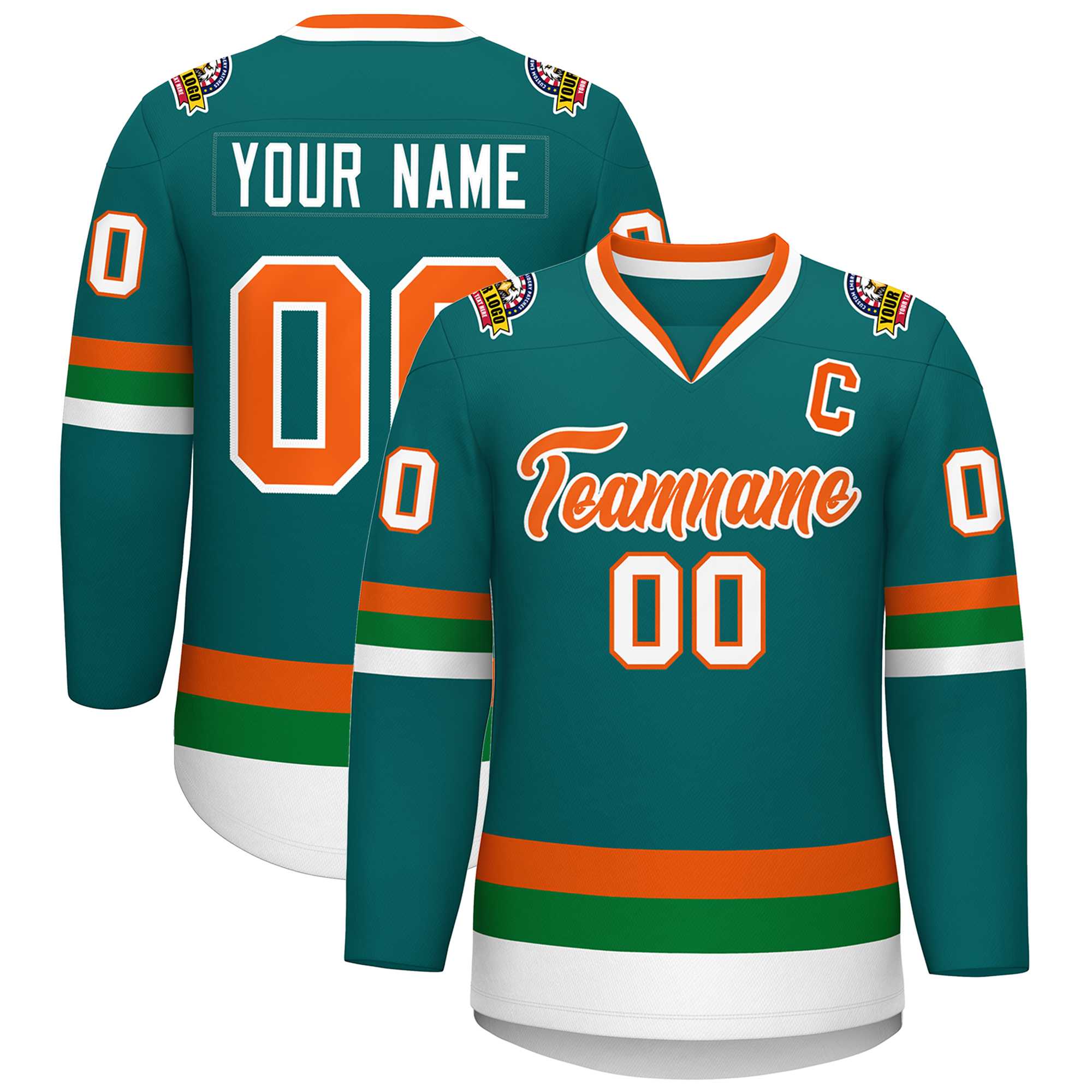 Custom Teal Orange-White Classic Style Hockey Jersey