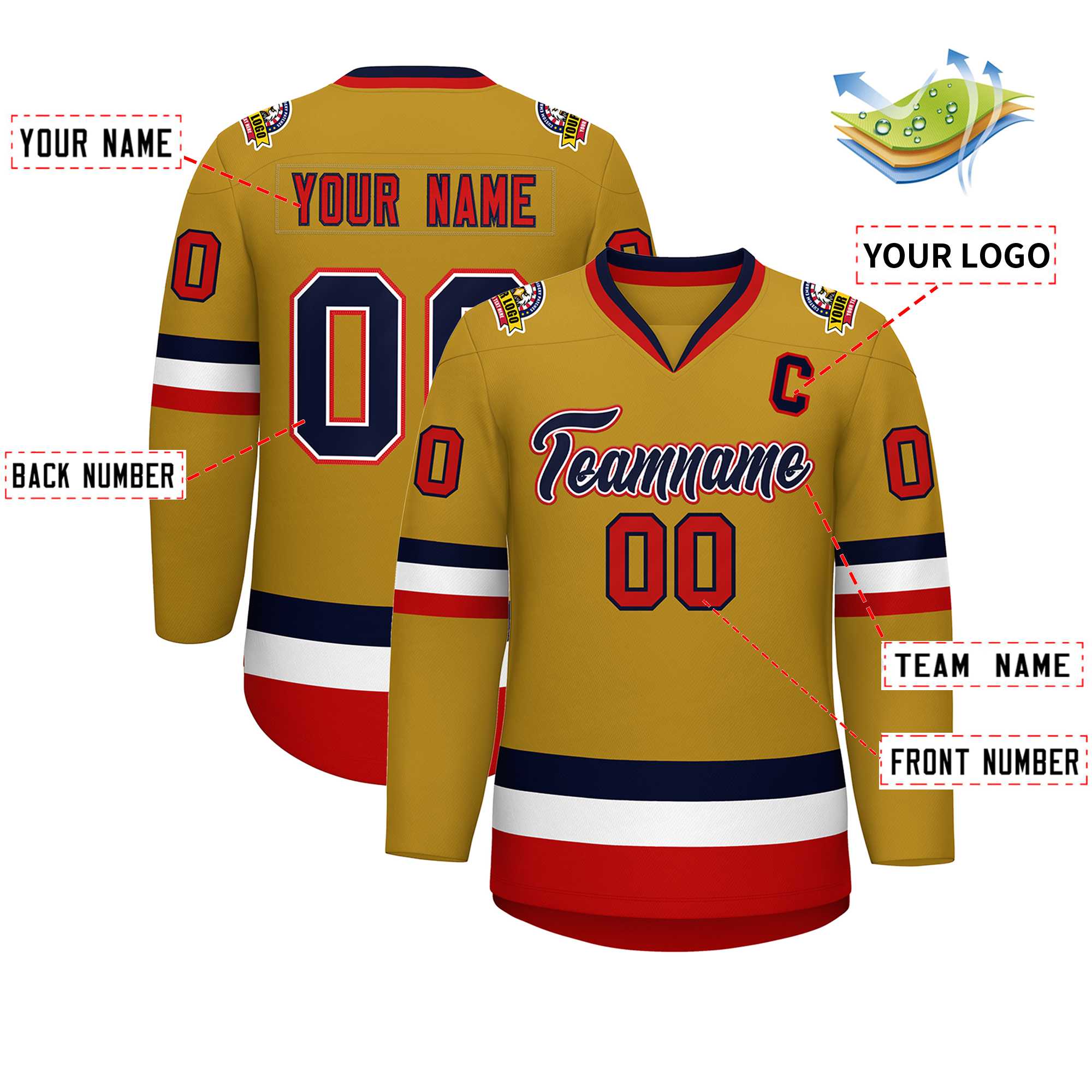 Custom Old Gold Navy White-Red Classic Style Hockey Jersey