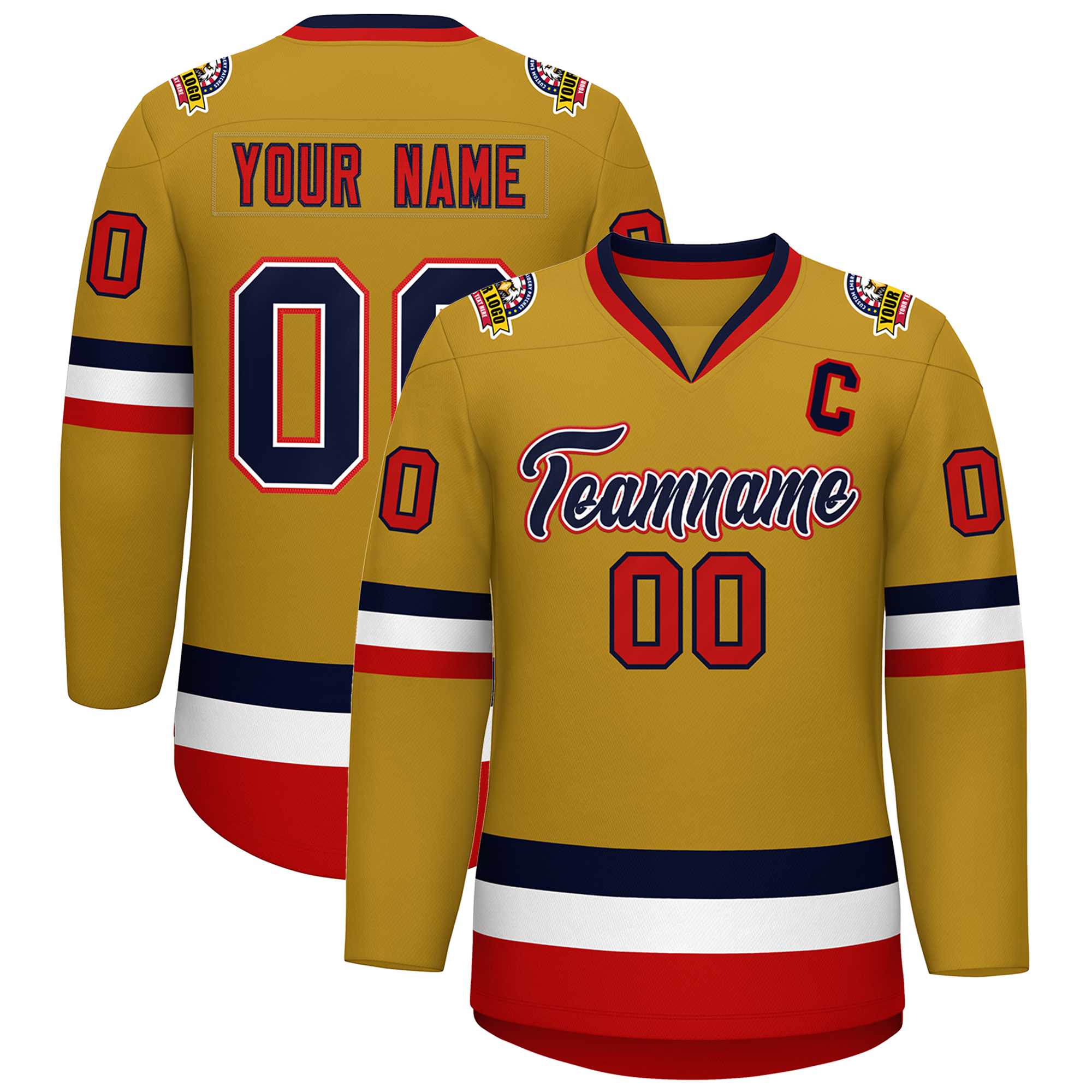 Custom Old Gold Navy White-Red Classic Style Hockey Jersey