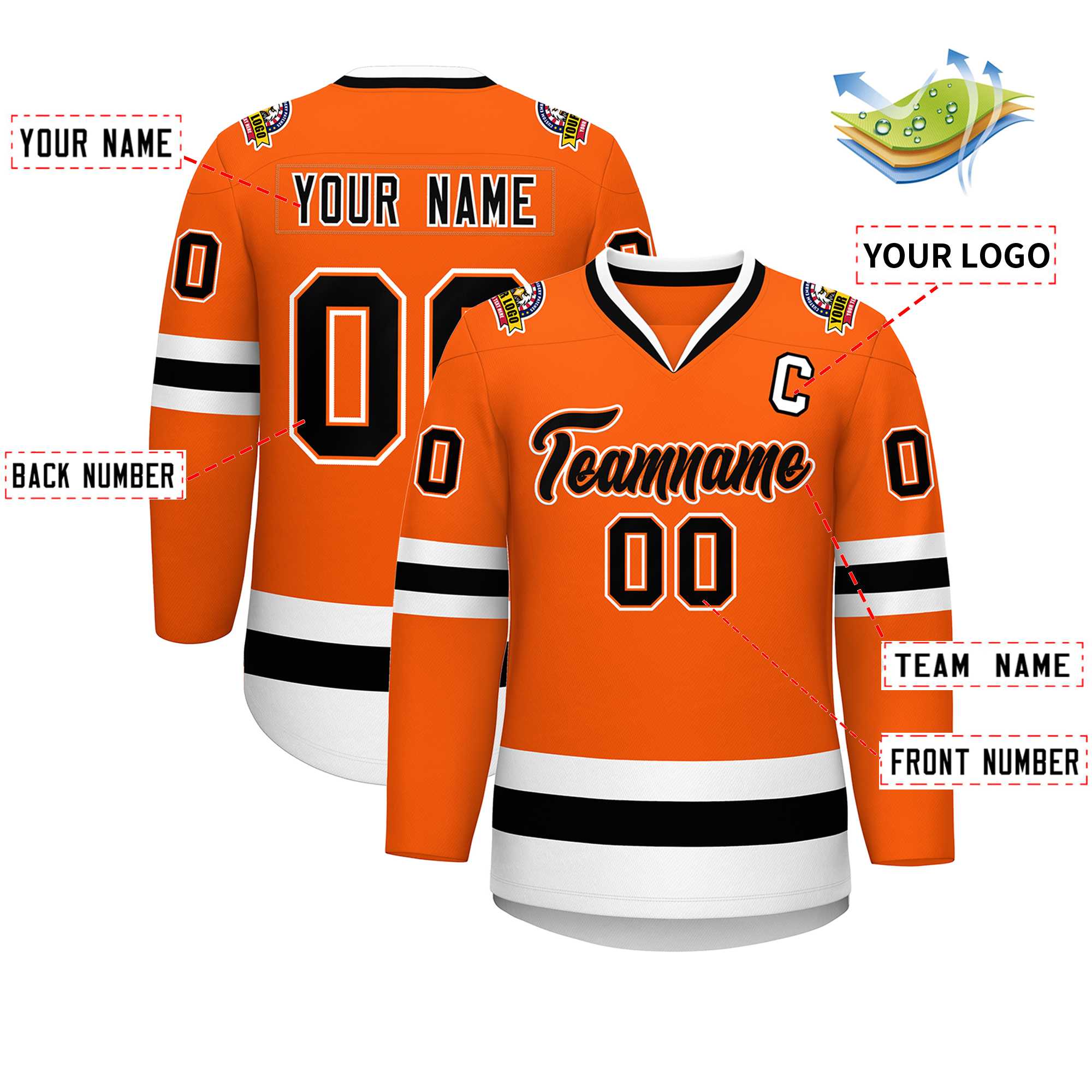 Maillot de hockey de style classique orange noir orange-blanc personnalisé