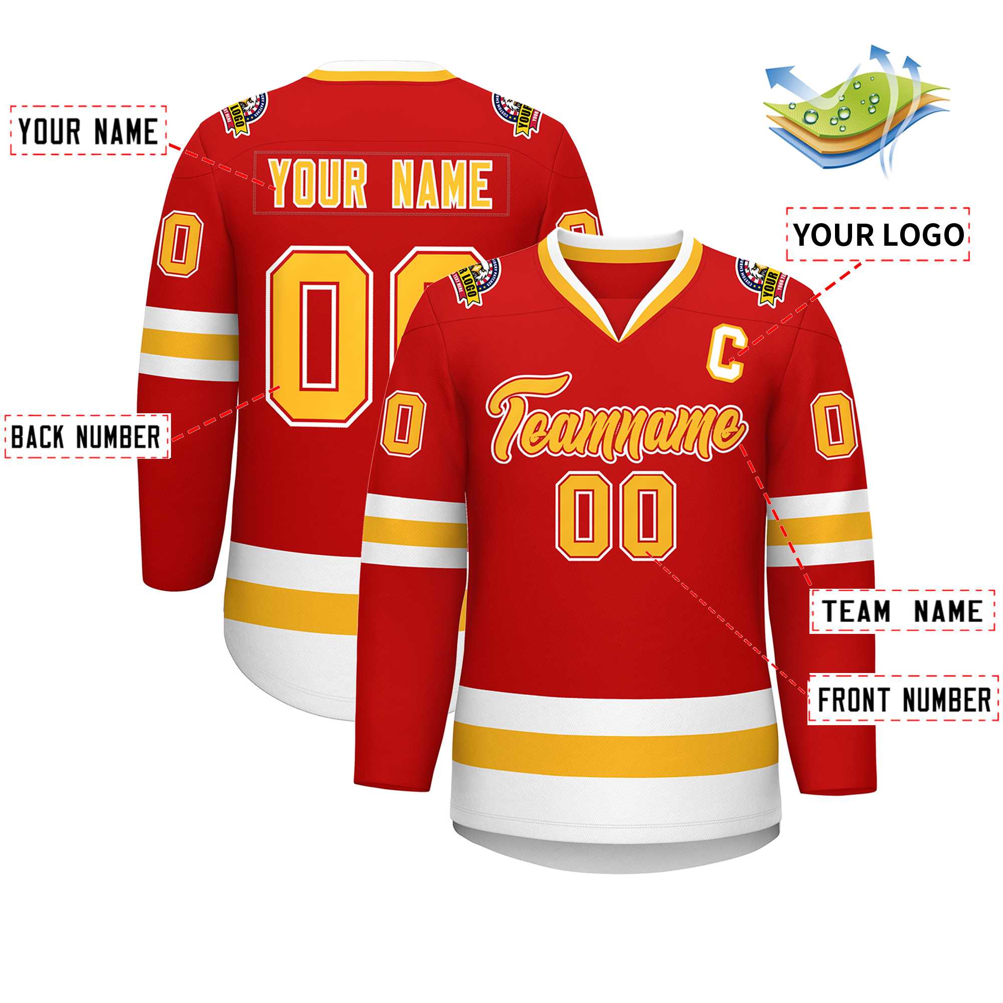 Custom Red Gold Red-White Classic Style Hockey Jersey