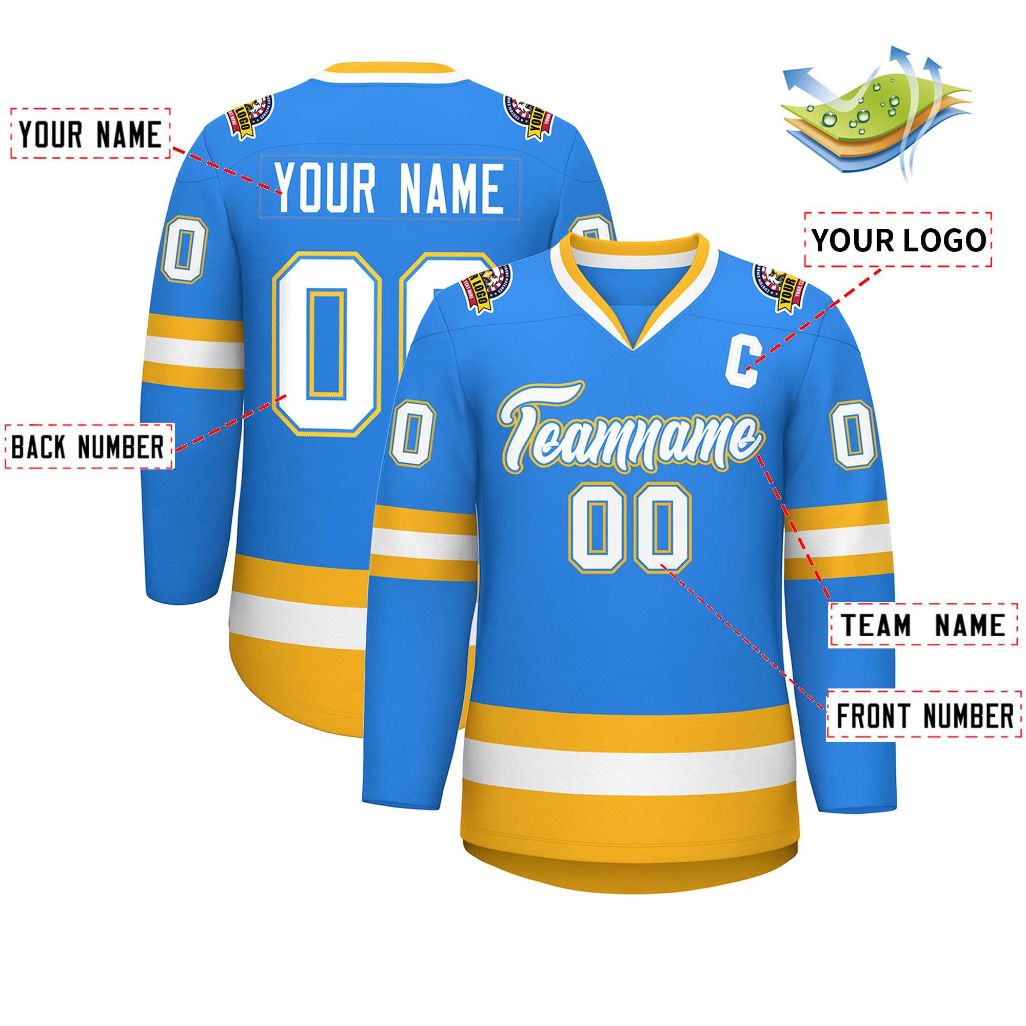 Custom Powder Blue White Powder Blue-Gold Classic Style Hockey Jersey