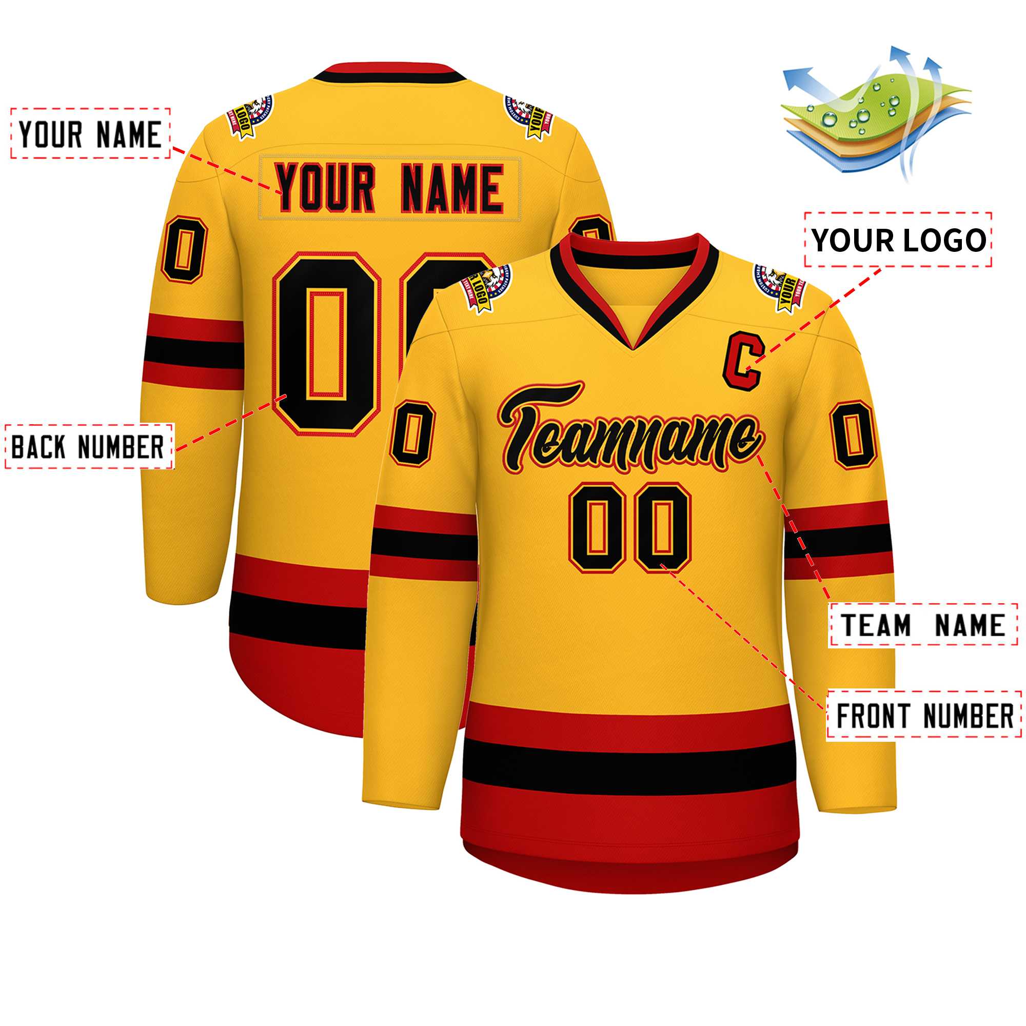 Custom Gold Black Gold-Red Classic Style Hockey Jersey