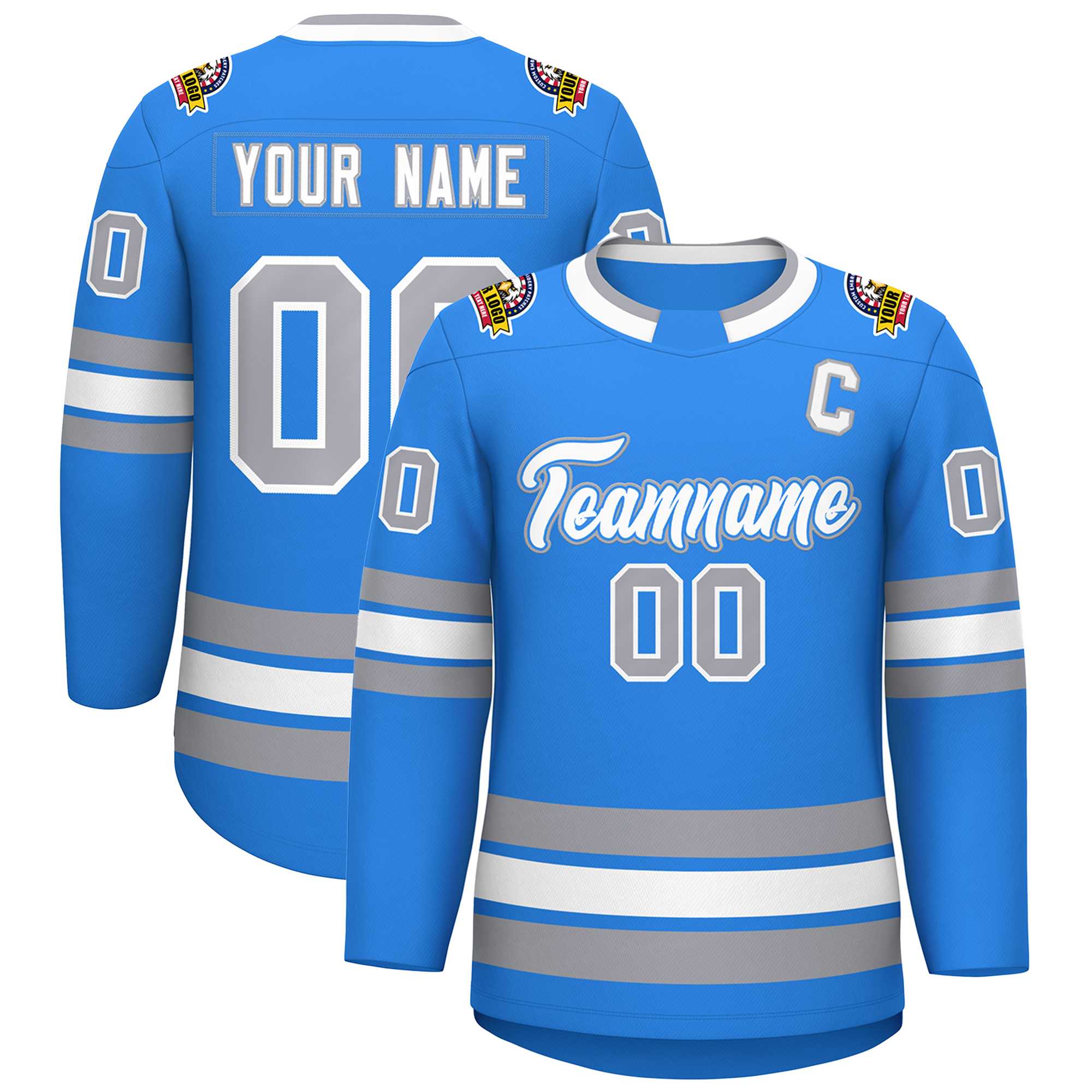 Custom Powder Blue White Powder Blue-Gray Classic Style Hockey Jersey