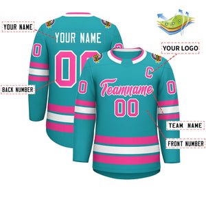 Maillot de hockey de style classique Aqua rose-blanc personnalisé