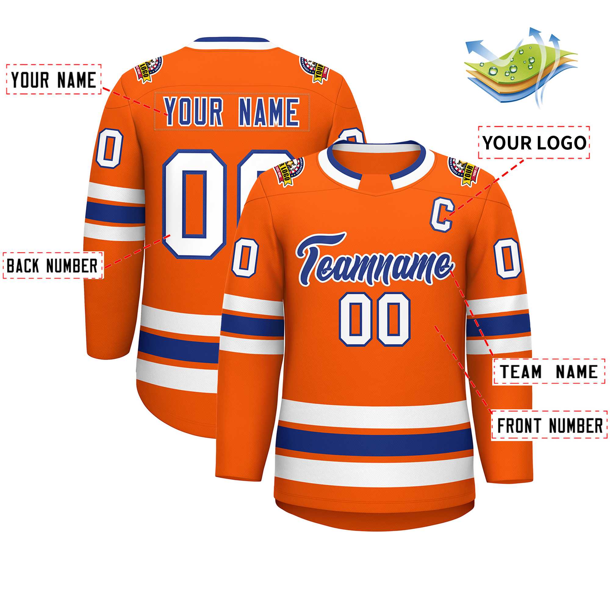 Custom Orange Royal-White Classic Style Hockey Jersey