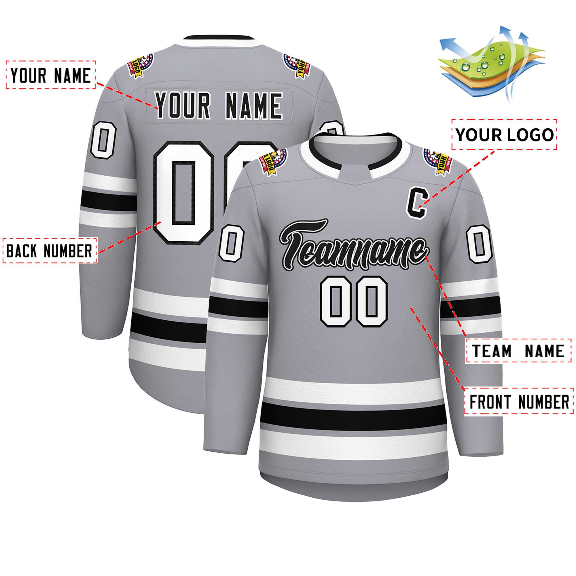 Maillot de hockey de style classique personnalisé gris noir blanc-noir