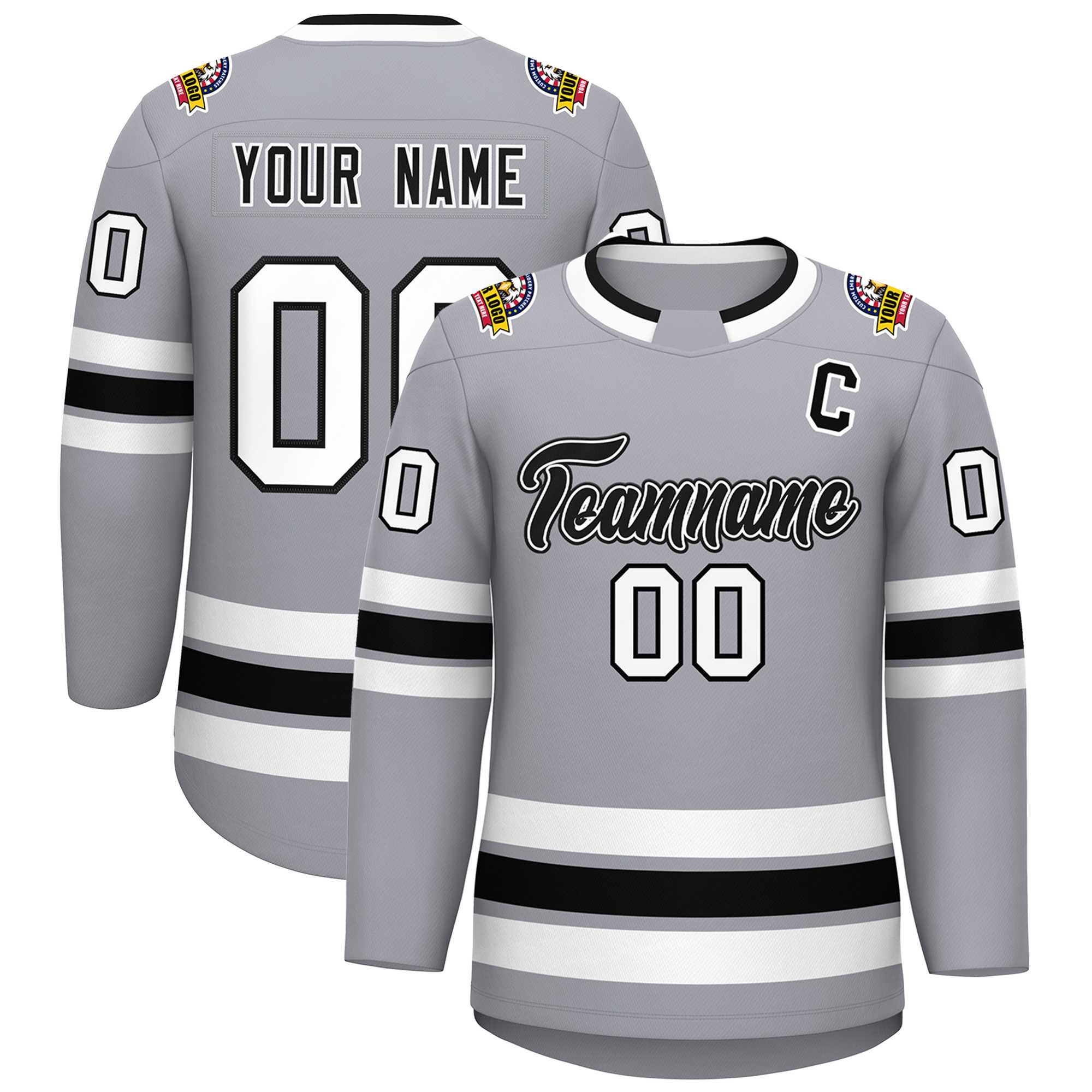 Custom Gray Black White-Black Classic Style Hockey Jersey