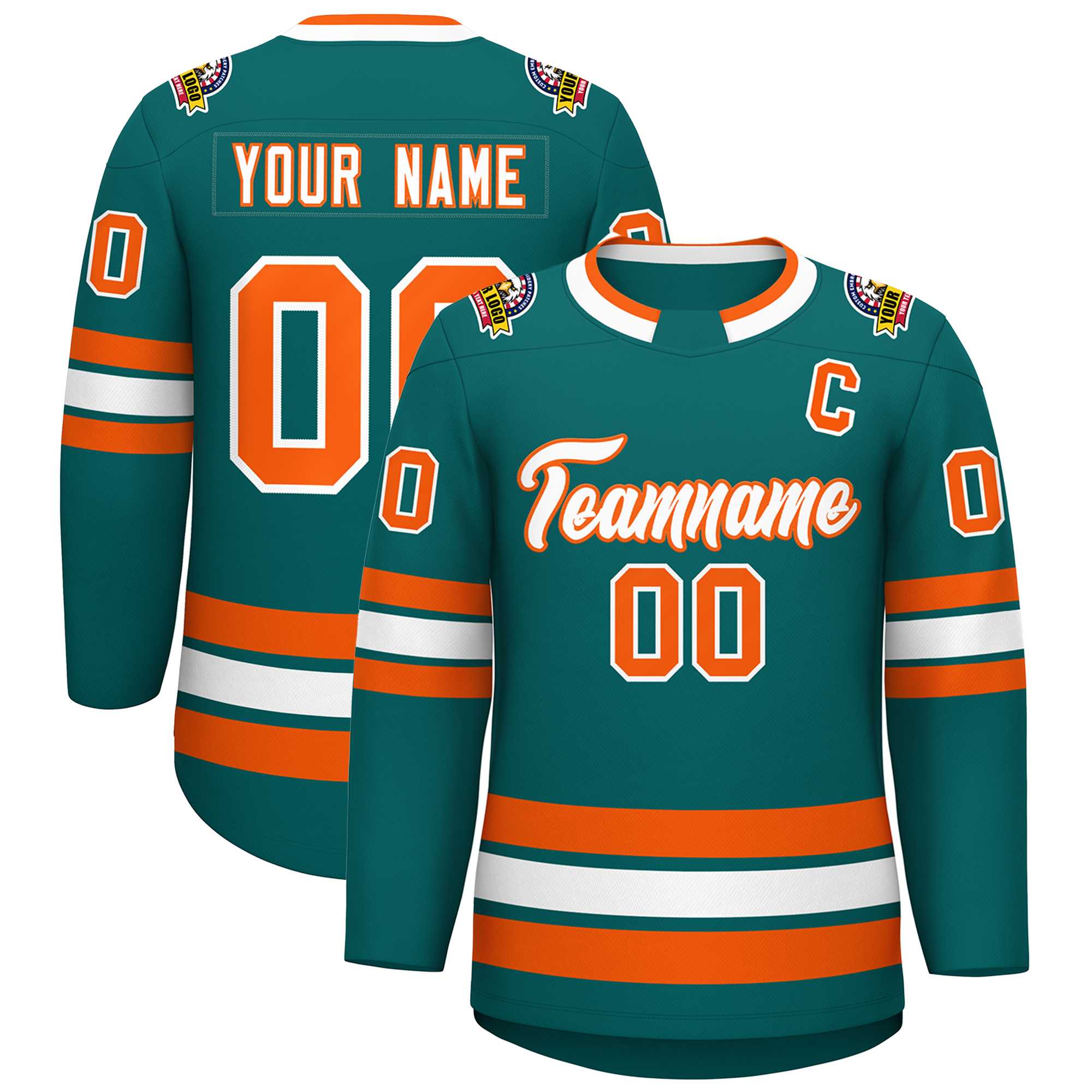 Custom Teal White-Orange Classic Style Hockey Jersey