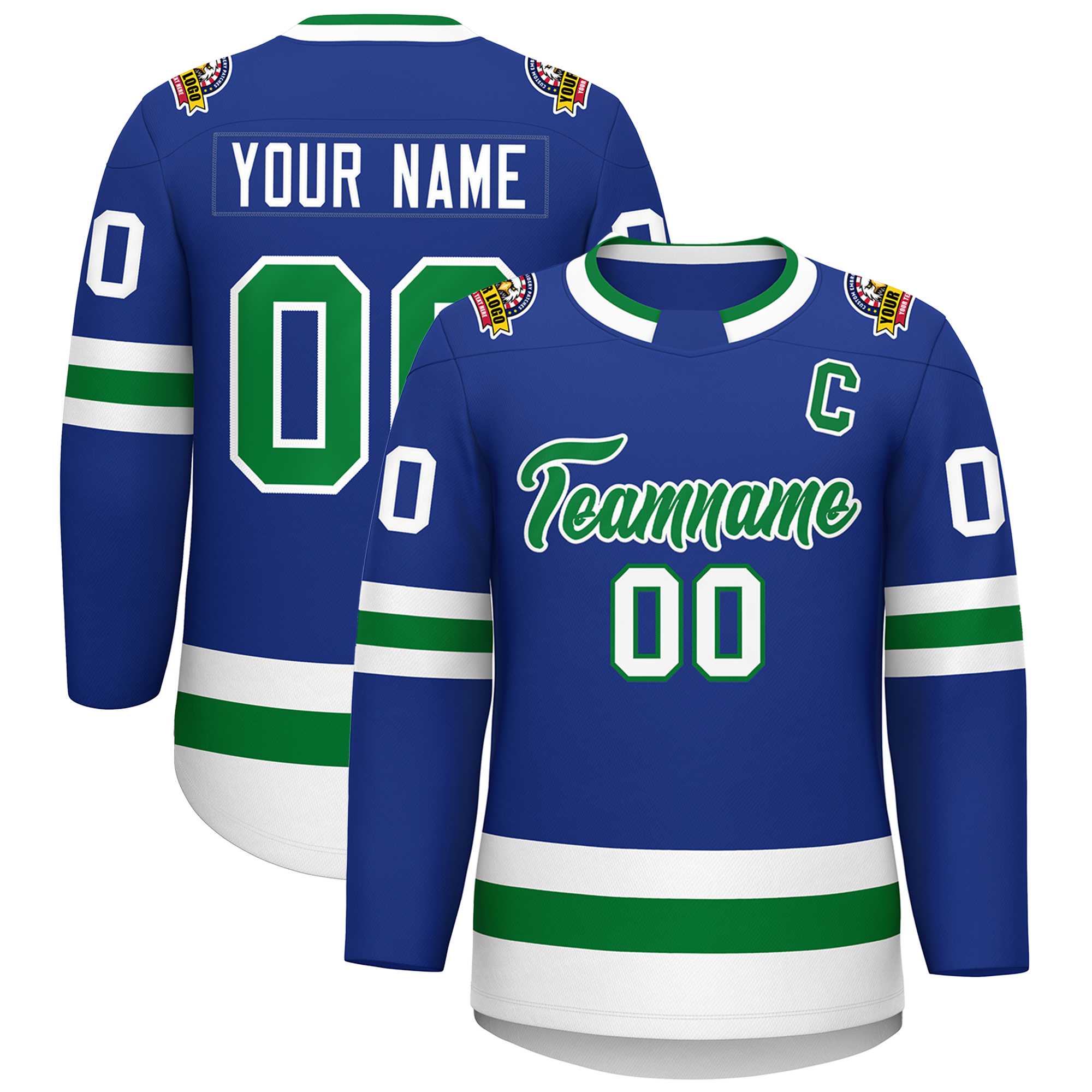 Maillot de hockey personnalisé Royal Kelly vert-blanc de style classique