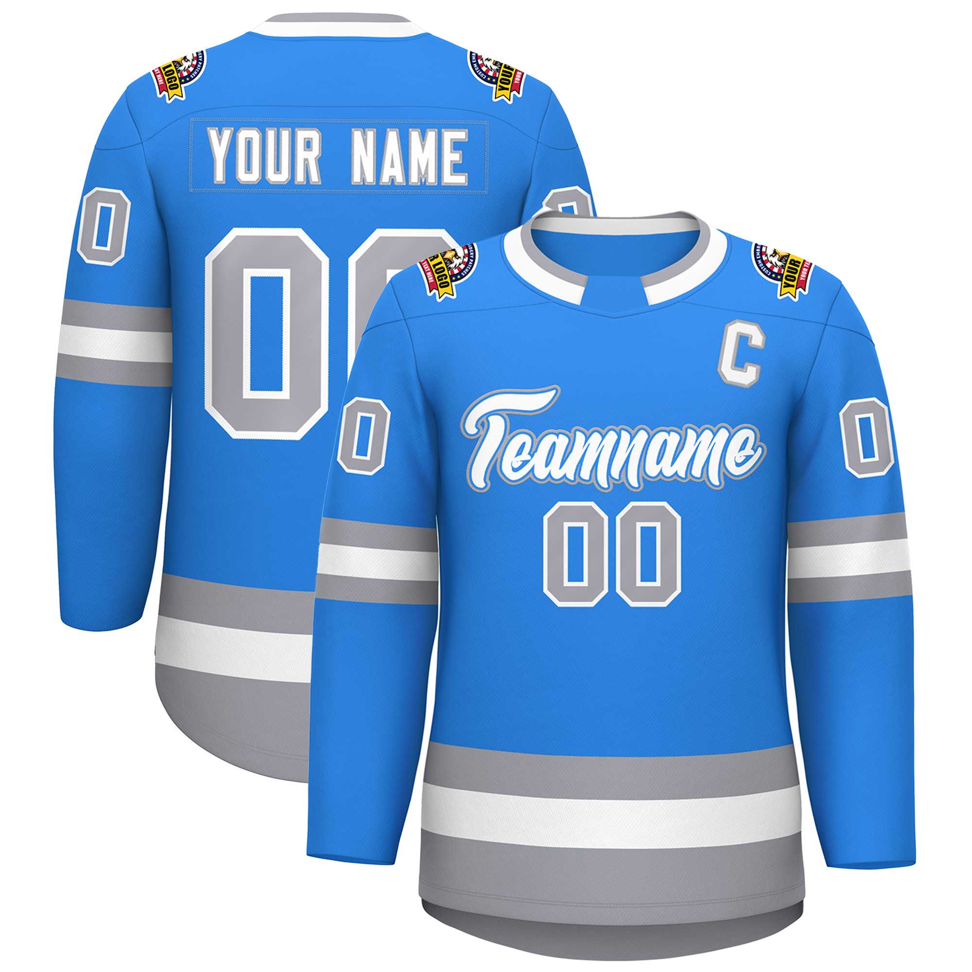 Custom Powder Blue White Powder Blue-Gray Classic Style Hockey Jersey