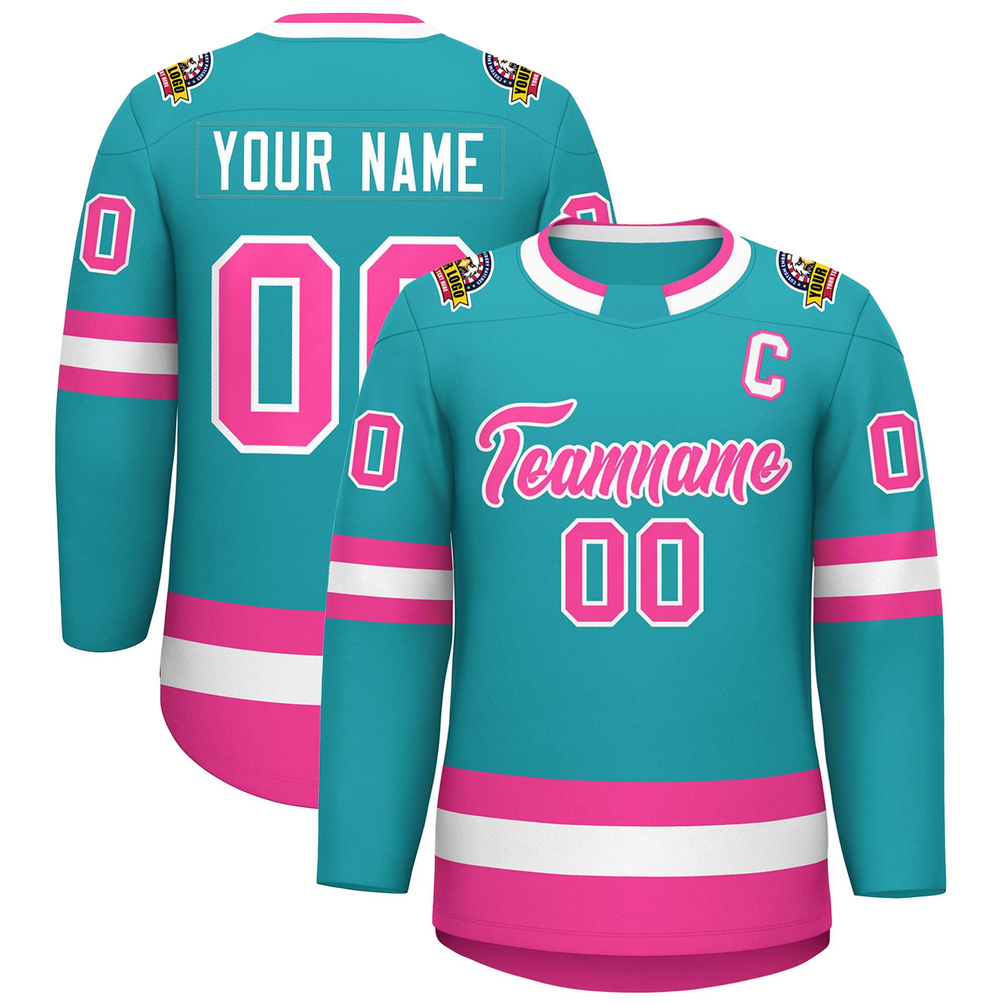 Maillot de hockey de style classique Aqua rose-blanc personnalisé