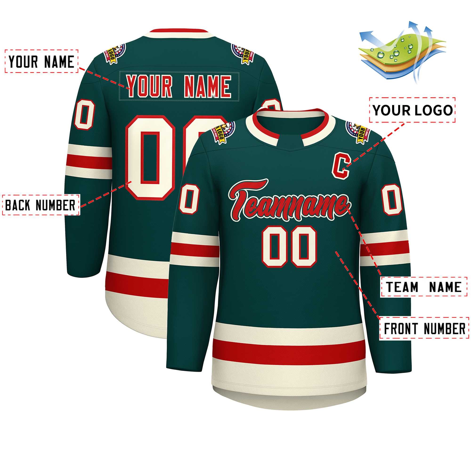 Custom Midnight Green Red Midnight Green-Khaki Classic Style Hockey Jersey