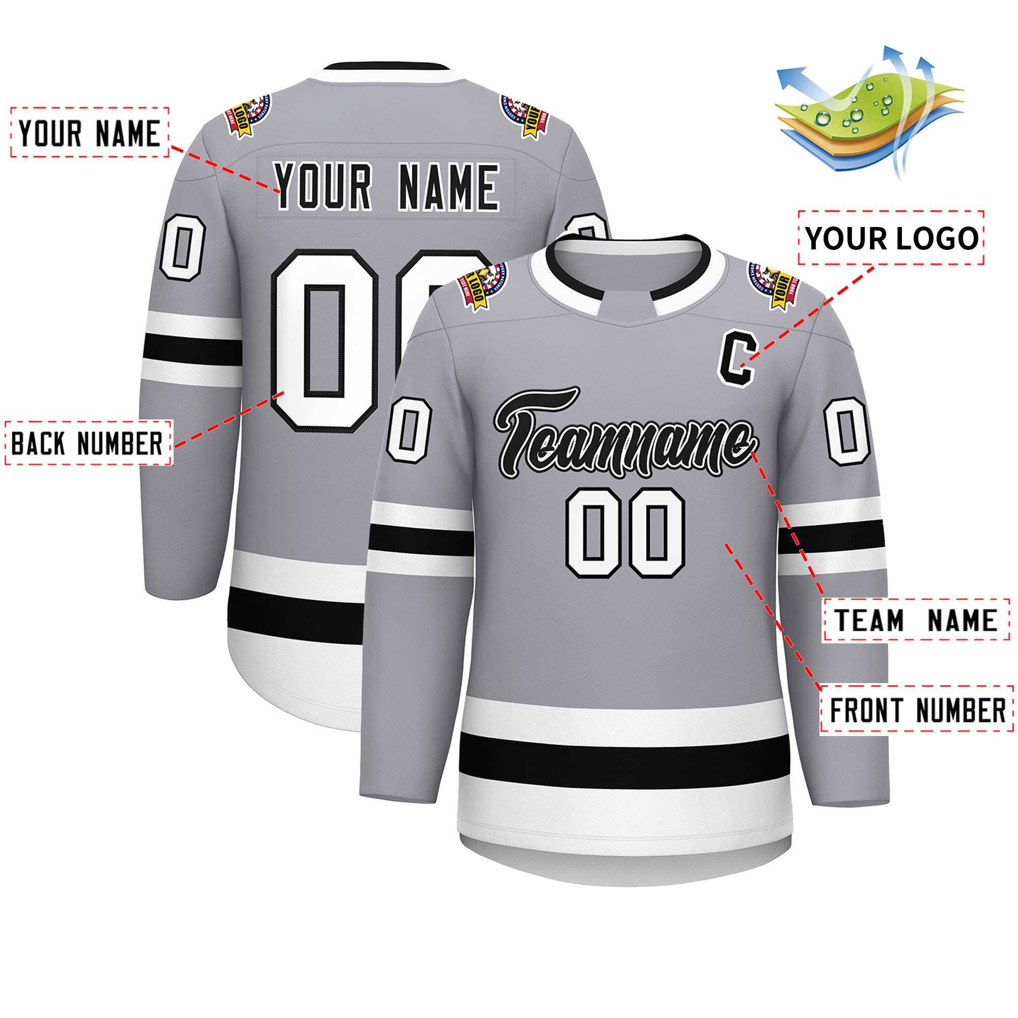 Maillot de hockey de style classique personnalisé gris noir blanc-noir