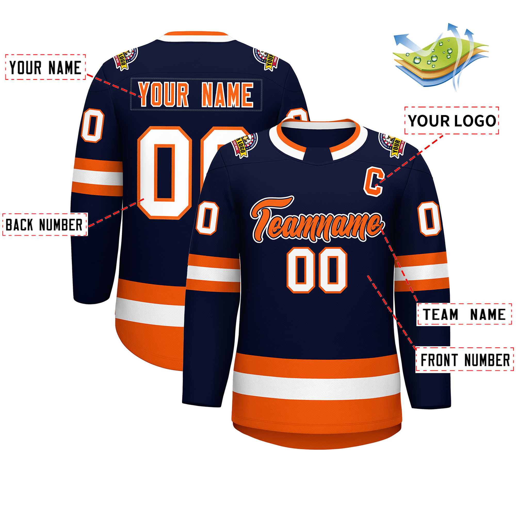 Custom Navy Orange Navy-White Classic Style Hockey Jersey