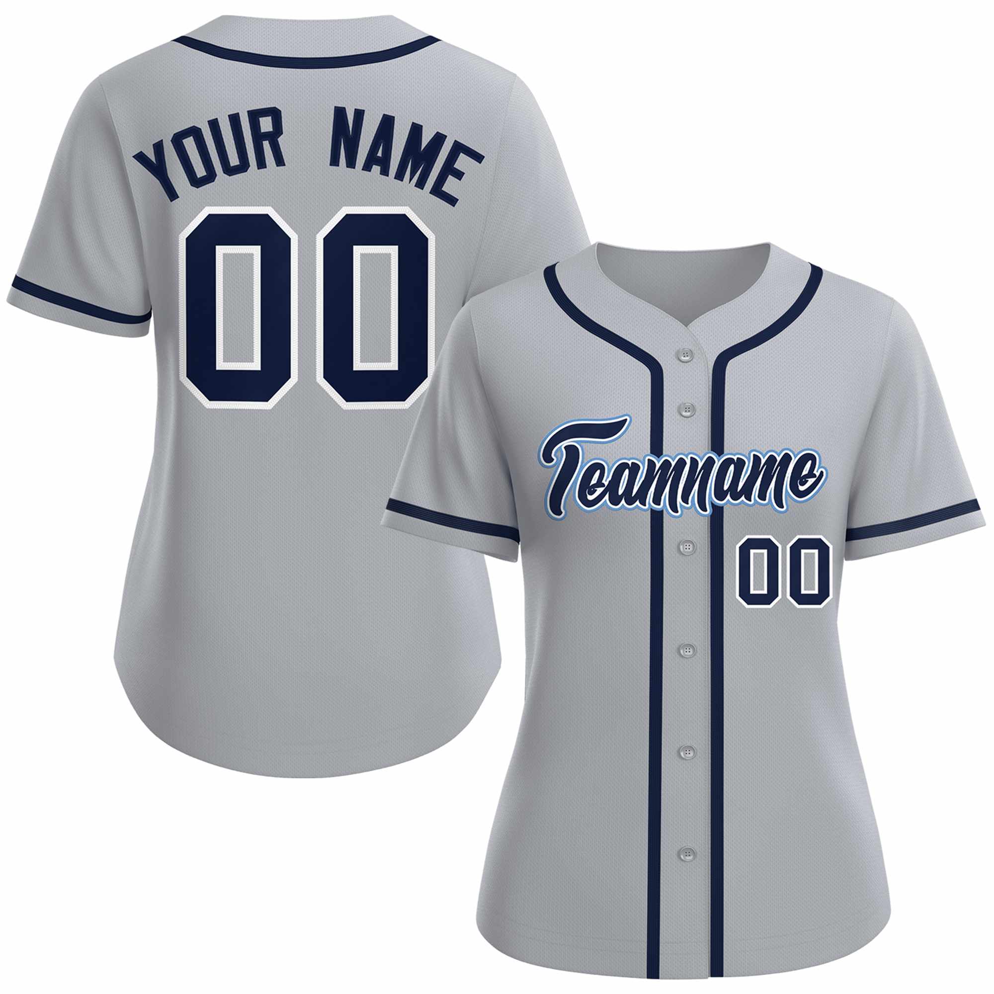 Maillot de baseball personnalisé gris marine blanc de style classique pour femme