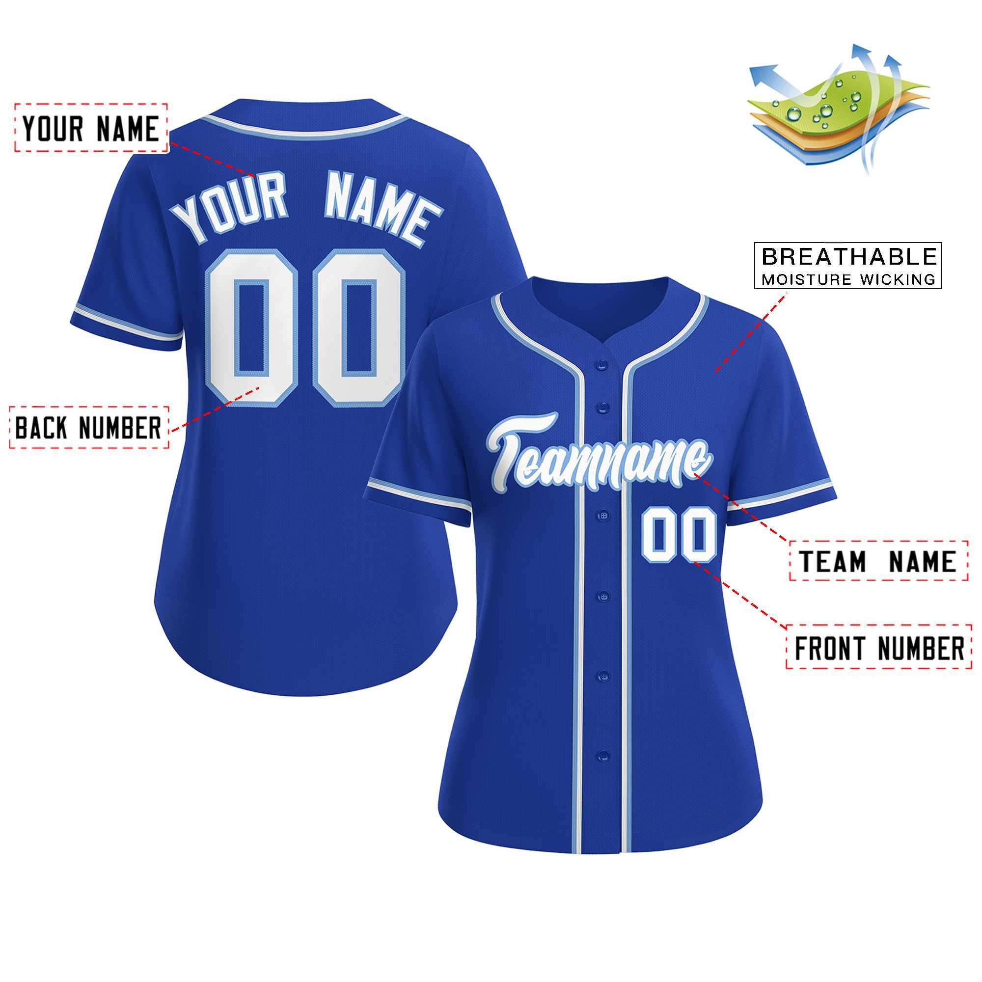 Maillot de baseball de style classique bleu clair blanc royal personnalisé pour femmes