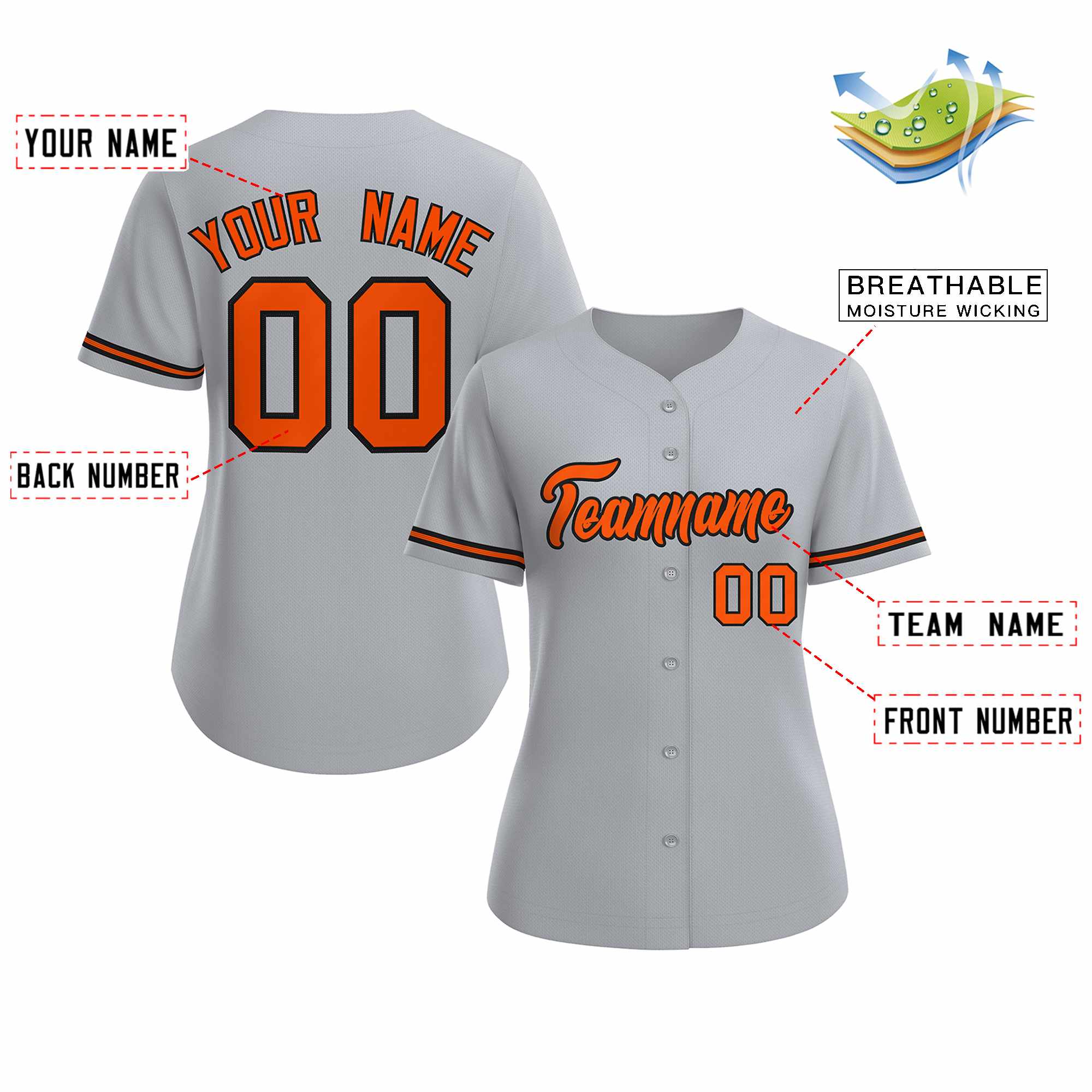 Maillot de baseball de style classique personnalisé gris orange noir pour femmes