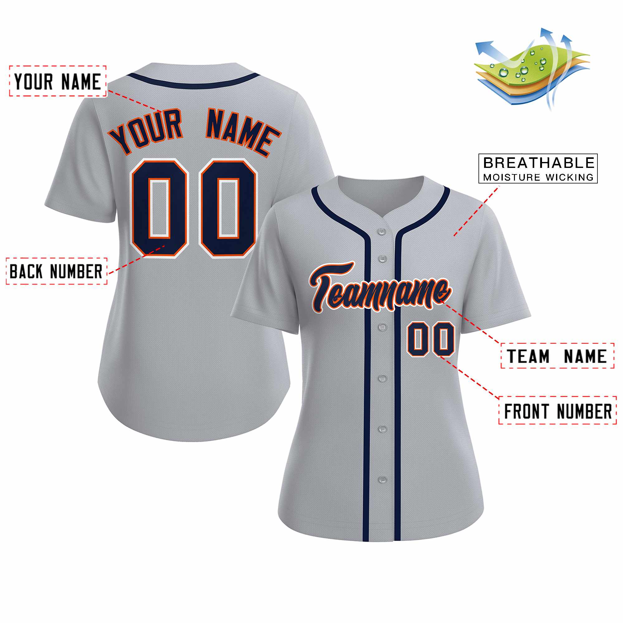 Maillot de baseball de style classique gris marine orange personnalisé pour femmes