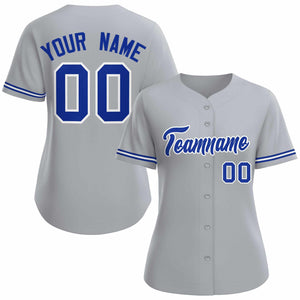 Maillot de baseball de style classique gris royal blanc personnalisé pour femmes