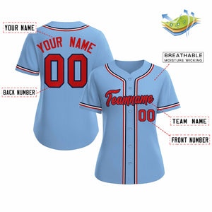 Maillot de baseball de style classique personnalisé bleu clair rouge marine pour femmes