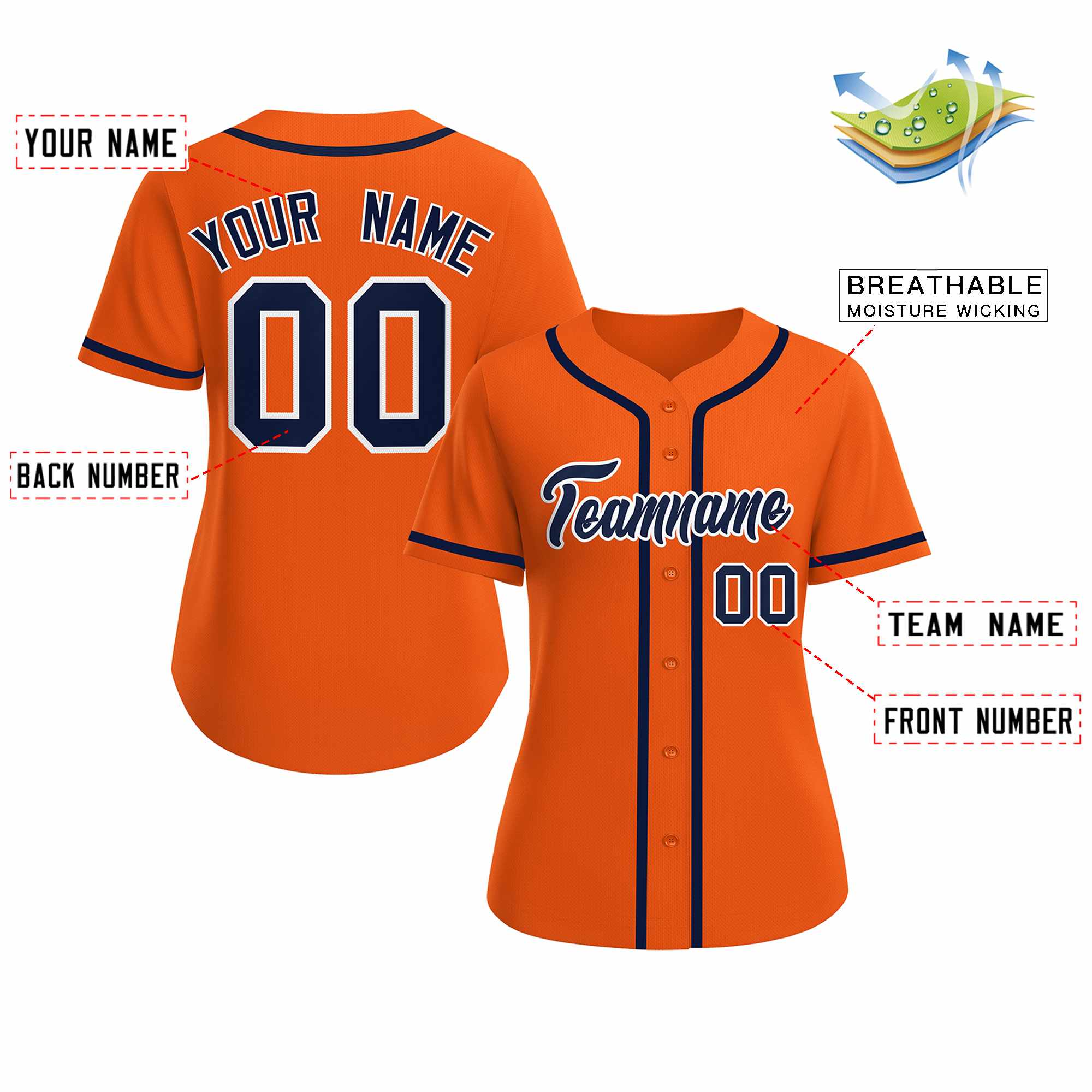 Maillot de baseball de style classique orange marine blanc personnalisé pour femmes