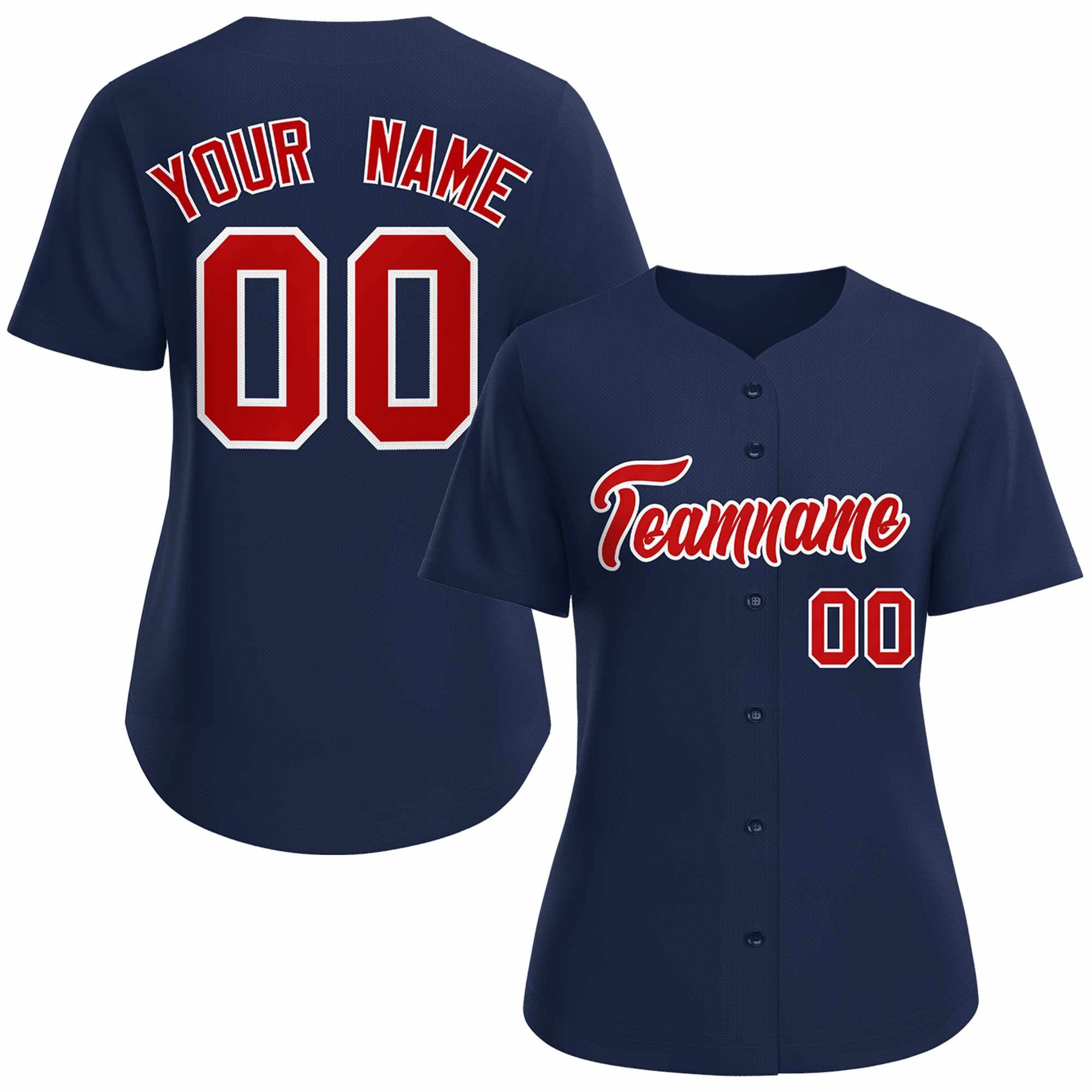 Maillot de baseball de style classique personnalisé bleu marine rouge blanc pour femmes