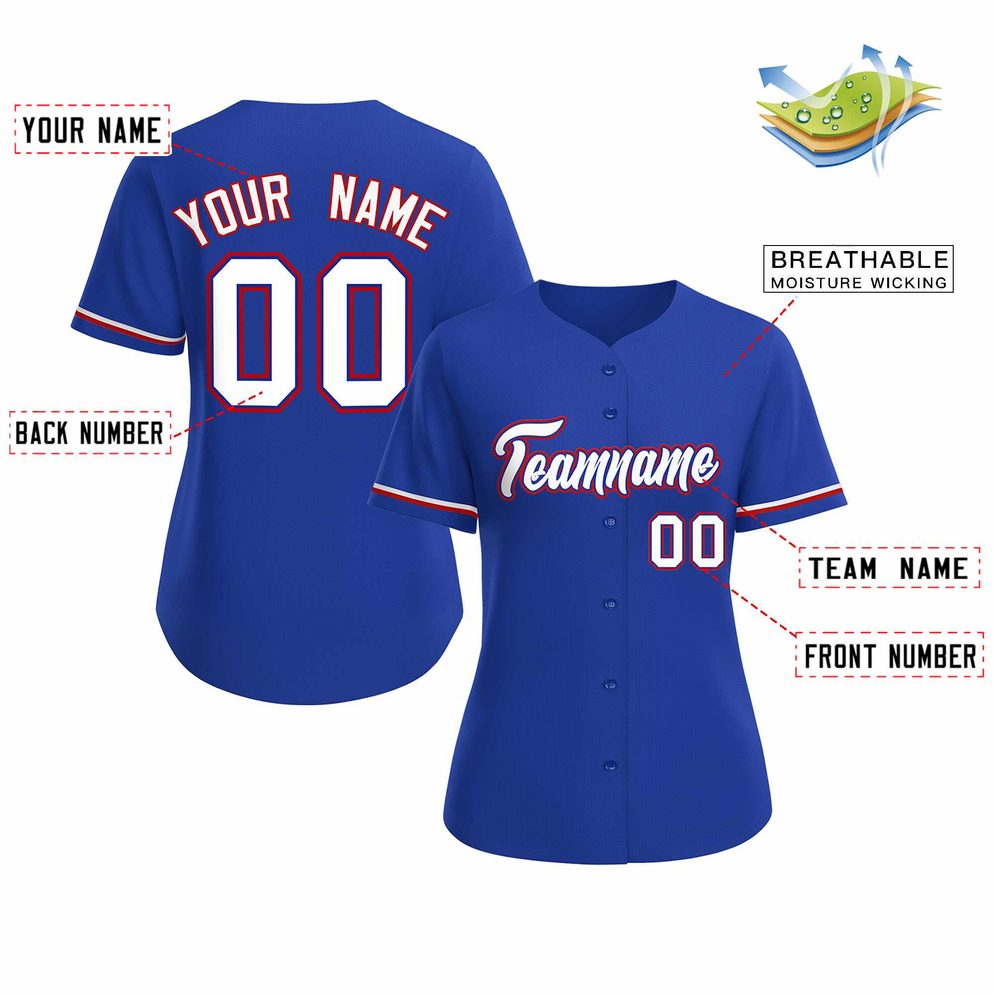 Maillot de baseball de style classique royal blanc personnalisé pour femmes