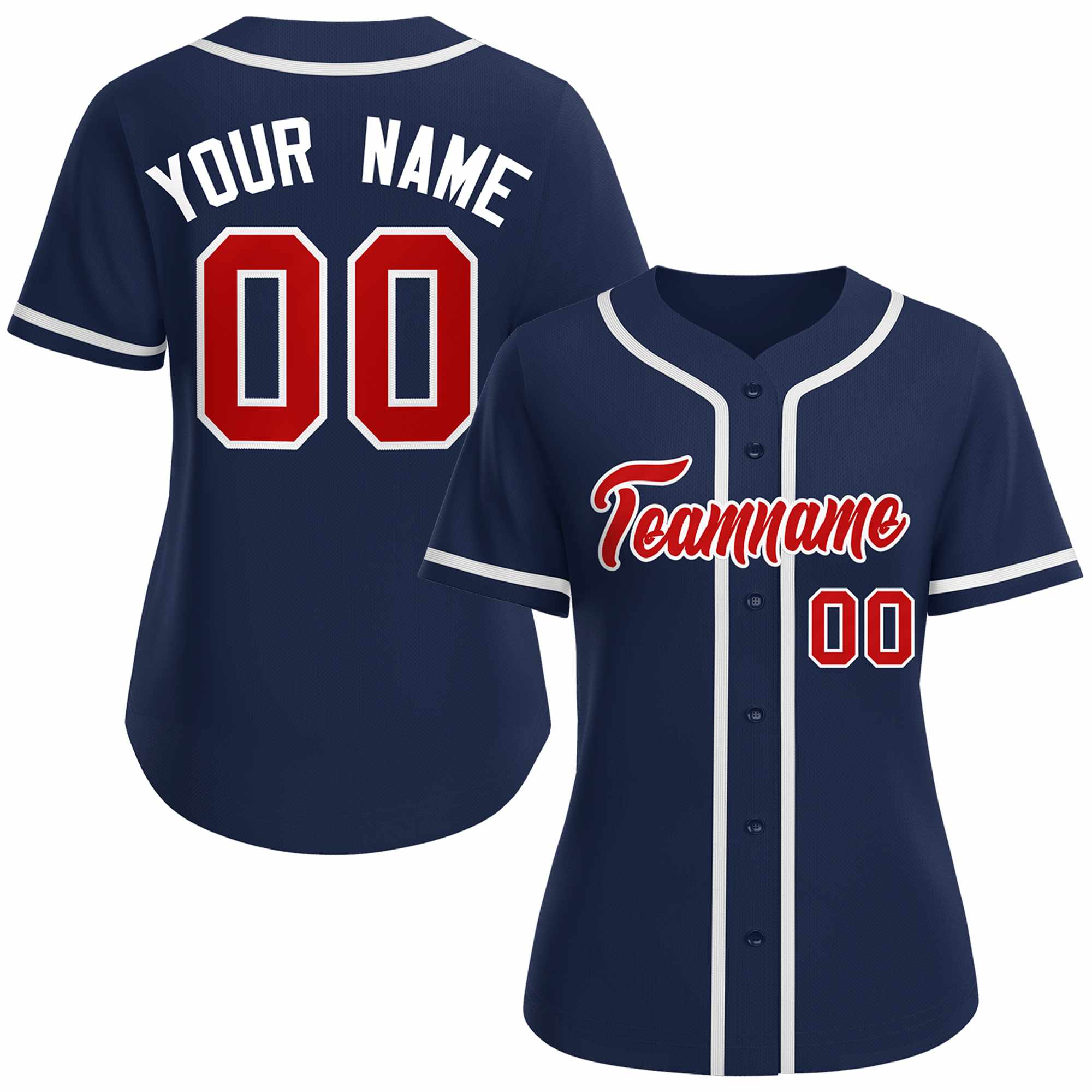 Maillot de baseball de style classique personnalisé bleu marine rouge blanc pour femmes