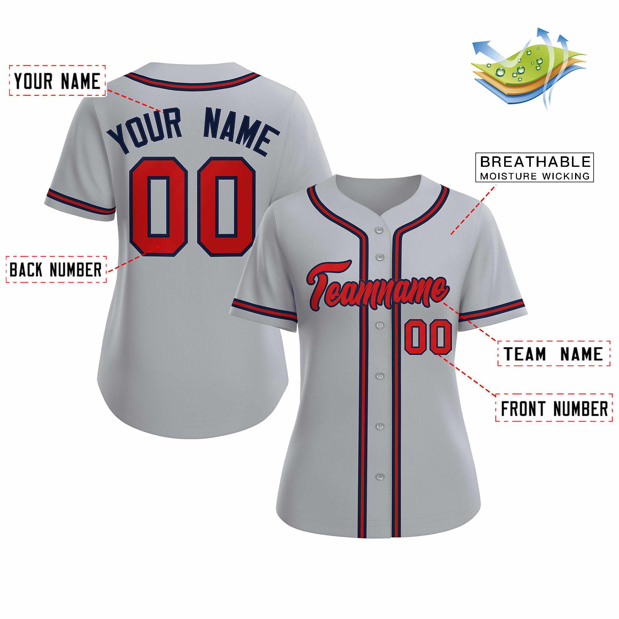 Maillot de baseball de style classique personnalisé gris rouge marine pour femmes