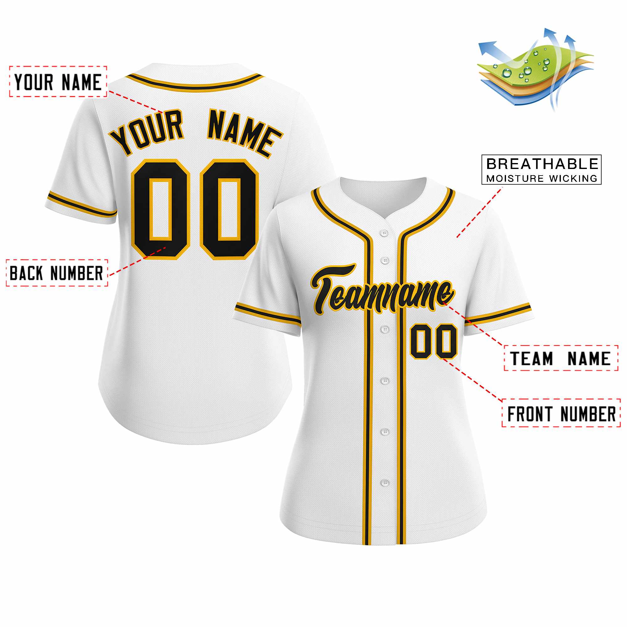 Maillot de baseball personnalisé de style classique en or blanc et noir pour femmes