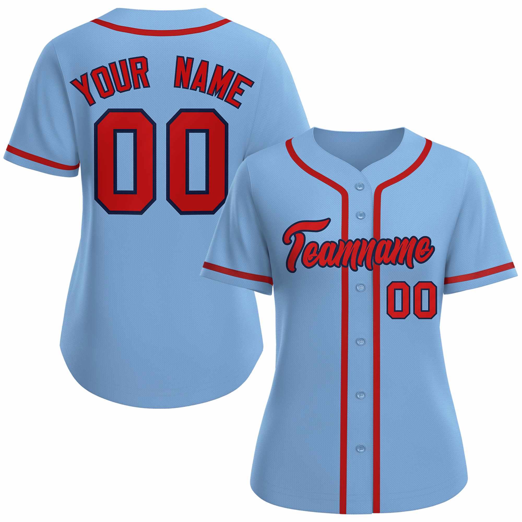 Maillot de baseball de style classique personnalisé bleu clair rouge marine pour femmes