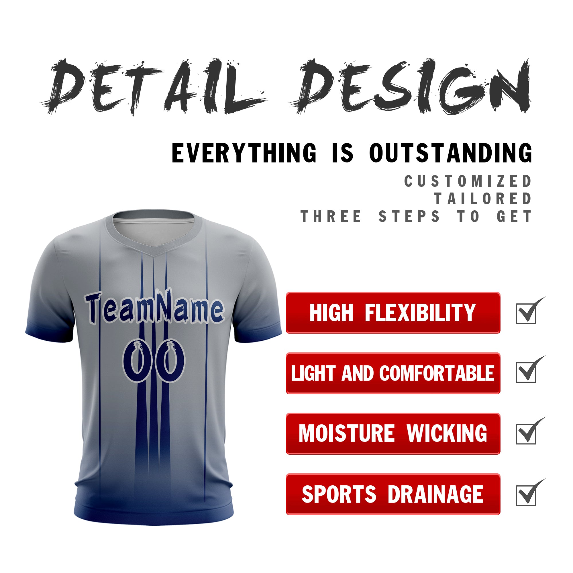 Custom Gray Navy Sport Soccer Tops Jersey