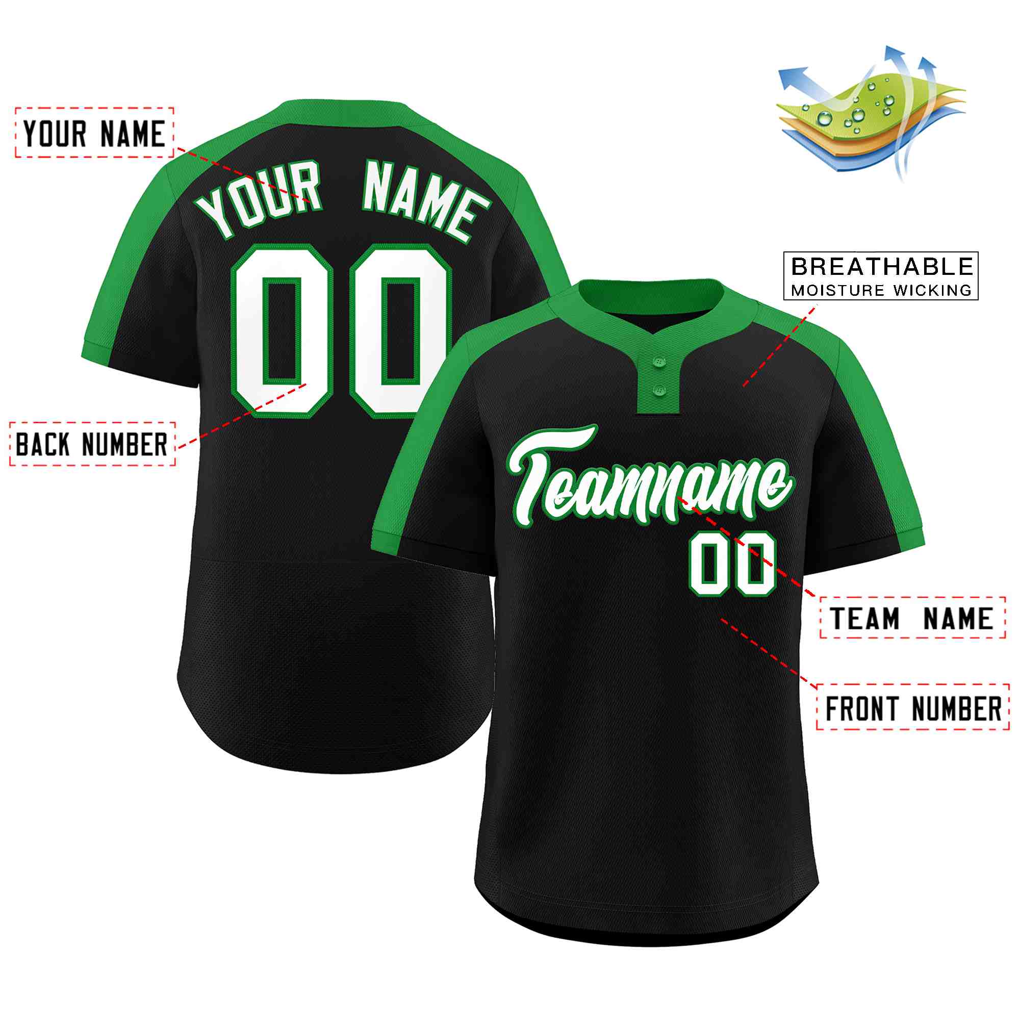 Custom Black White-Kelly Green Classic Style Authentic Two-Button Baseball Jersey