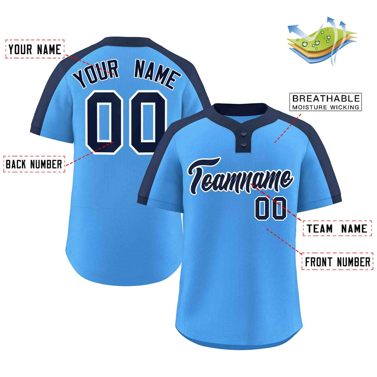 Custom Navy Aqua Stripe Fashion Authentic Two-Button Baseball Jersey