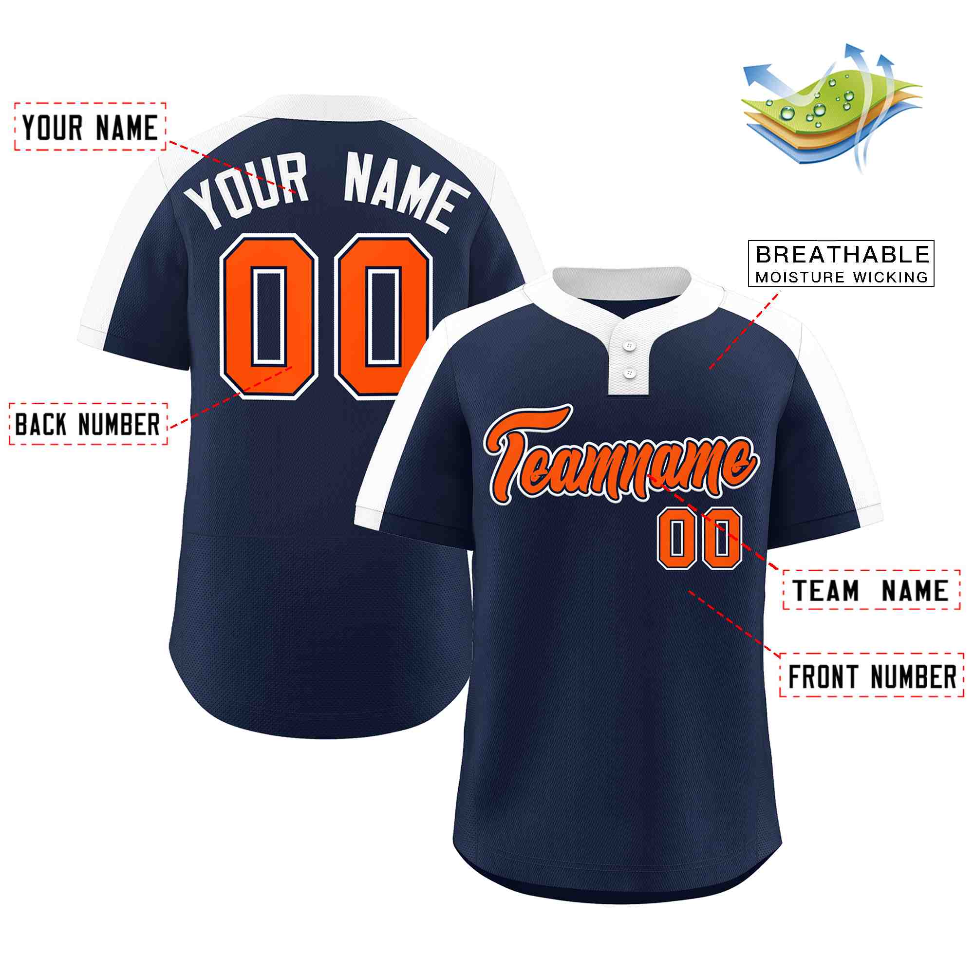 Maillot de baseball personnalisé à deux boutons, style classique, Orange-marine, personnalisé