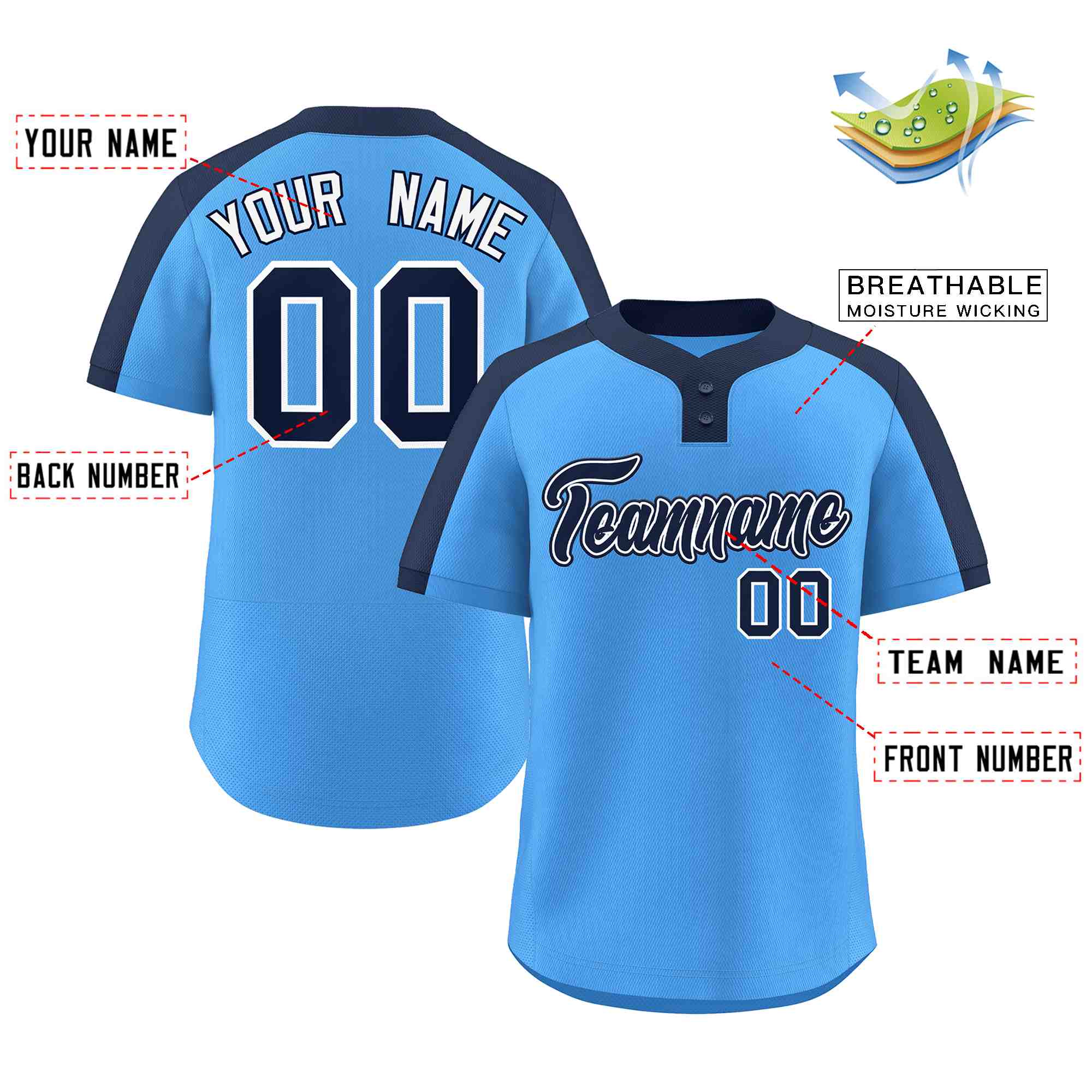 Maillot de baseball personnalisé à deux boutons, bleu marine et blanc, style classique, authentique