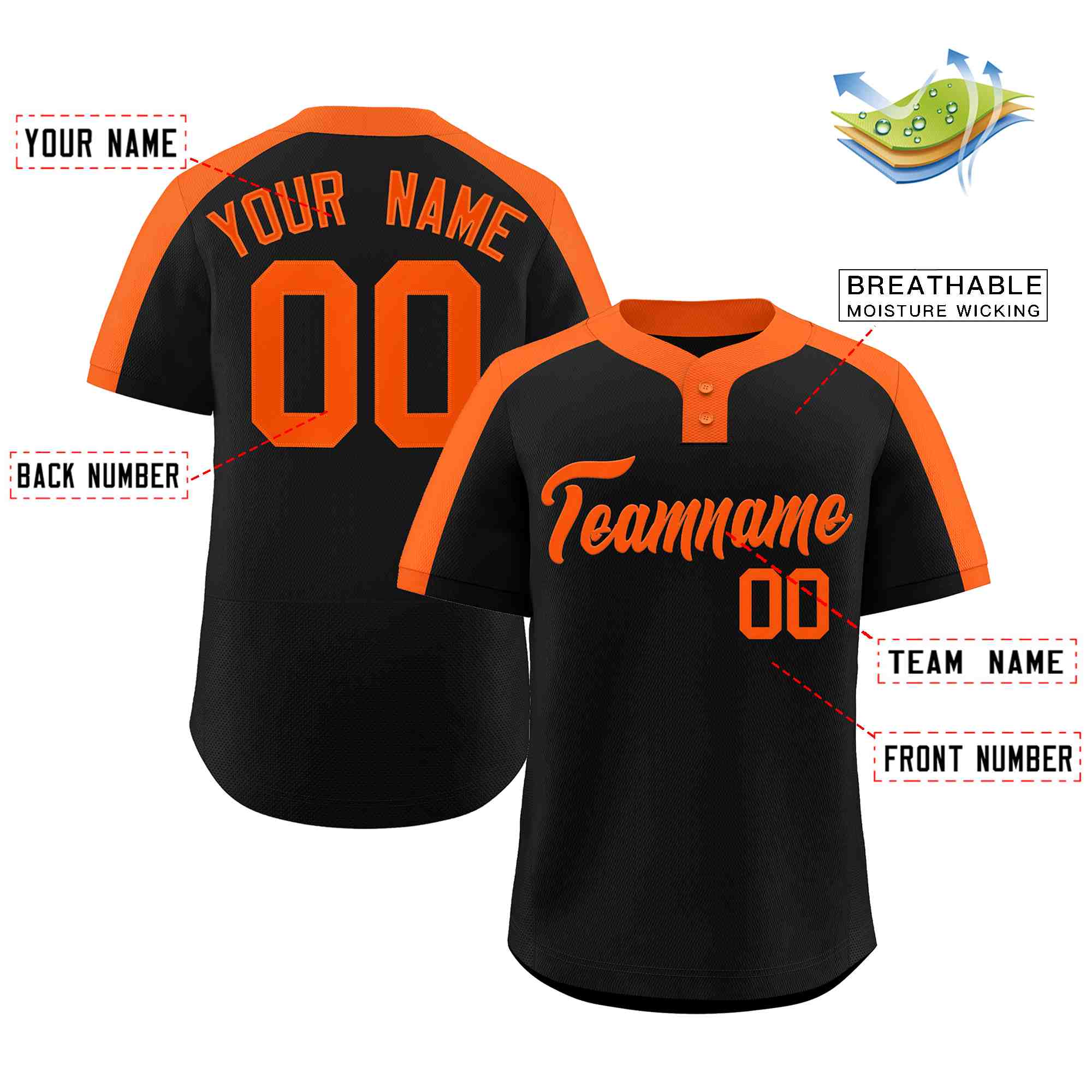 Maillot de baseball authentique à deux boutons, personnalisé, noir et orange, style classique