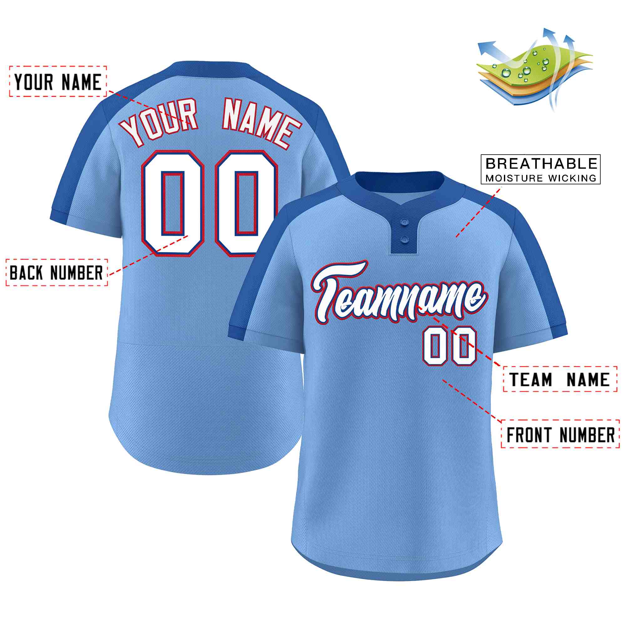 Maillot de baseball personnalisé à deux boutons, bleu clair, blanc-royal, style classique, authentique