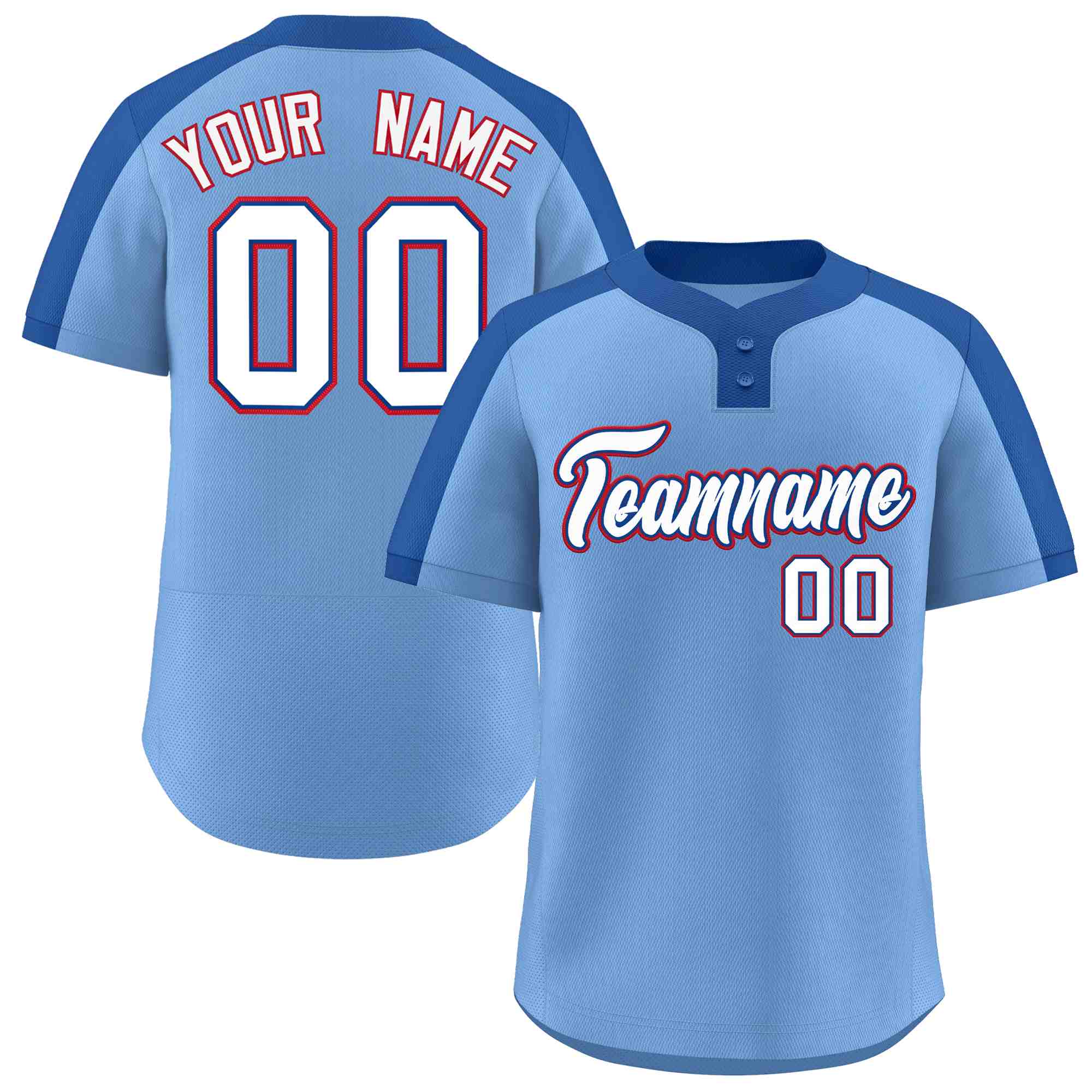 Maillot de baseball personnalisé à deux boutons, bleu clair, blanc-royal, style classique, authentique