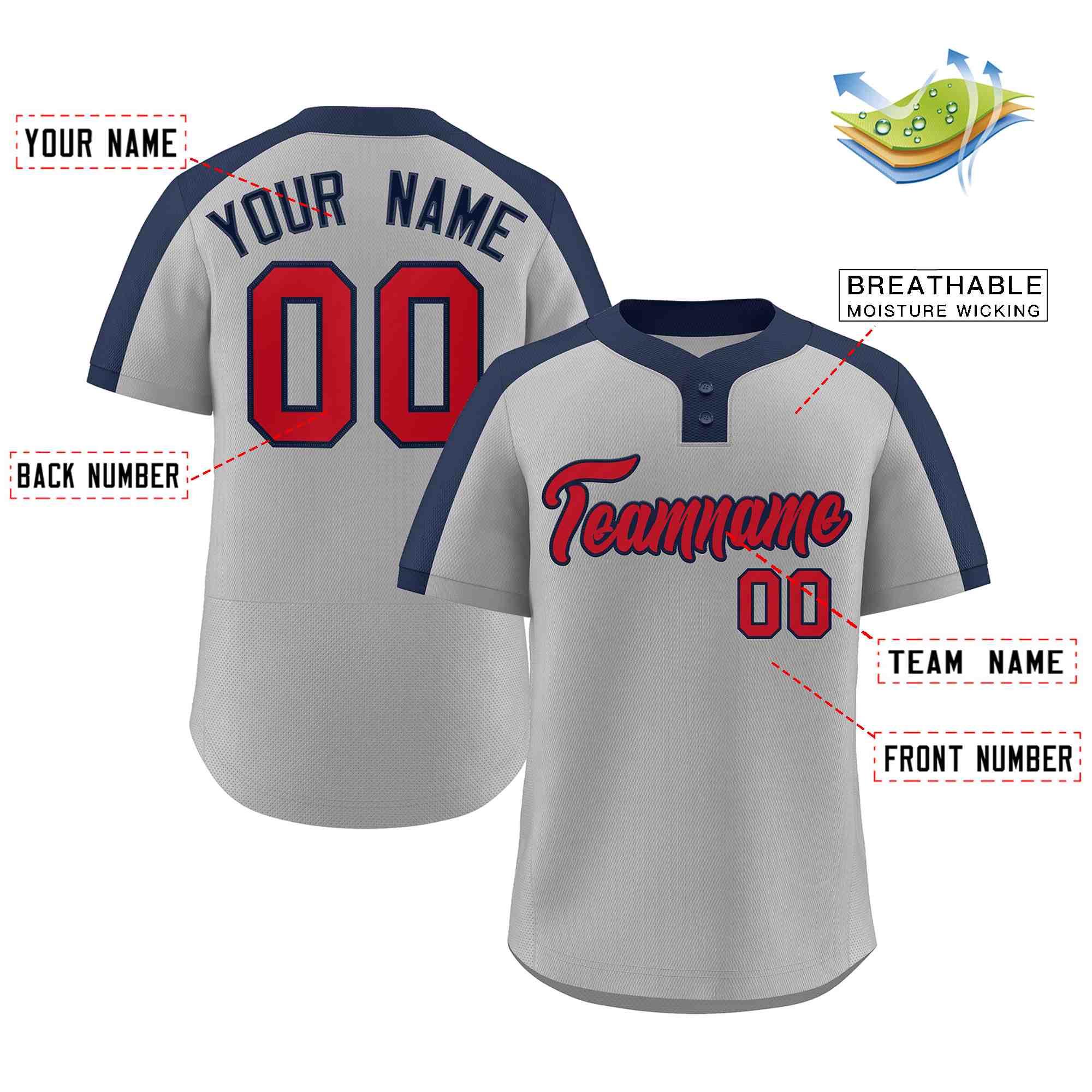 Custom Gray Red-Navy Classic Style Authentic Two-Button Baseball Jersey