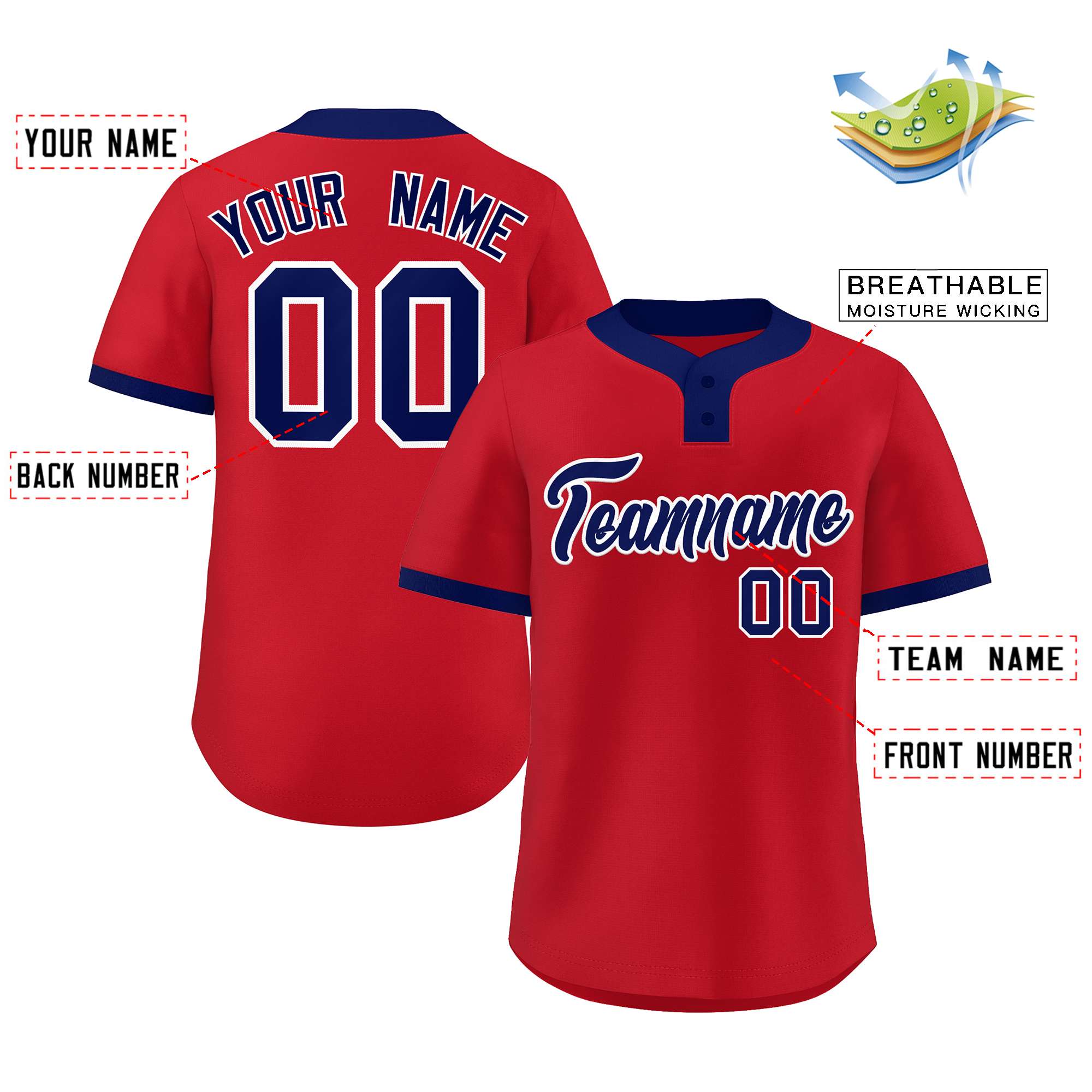 Custom Red Blue-White Classic Style Authentic Two-Button Baseball Jersey