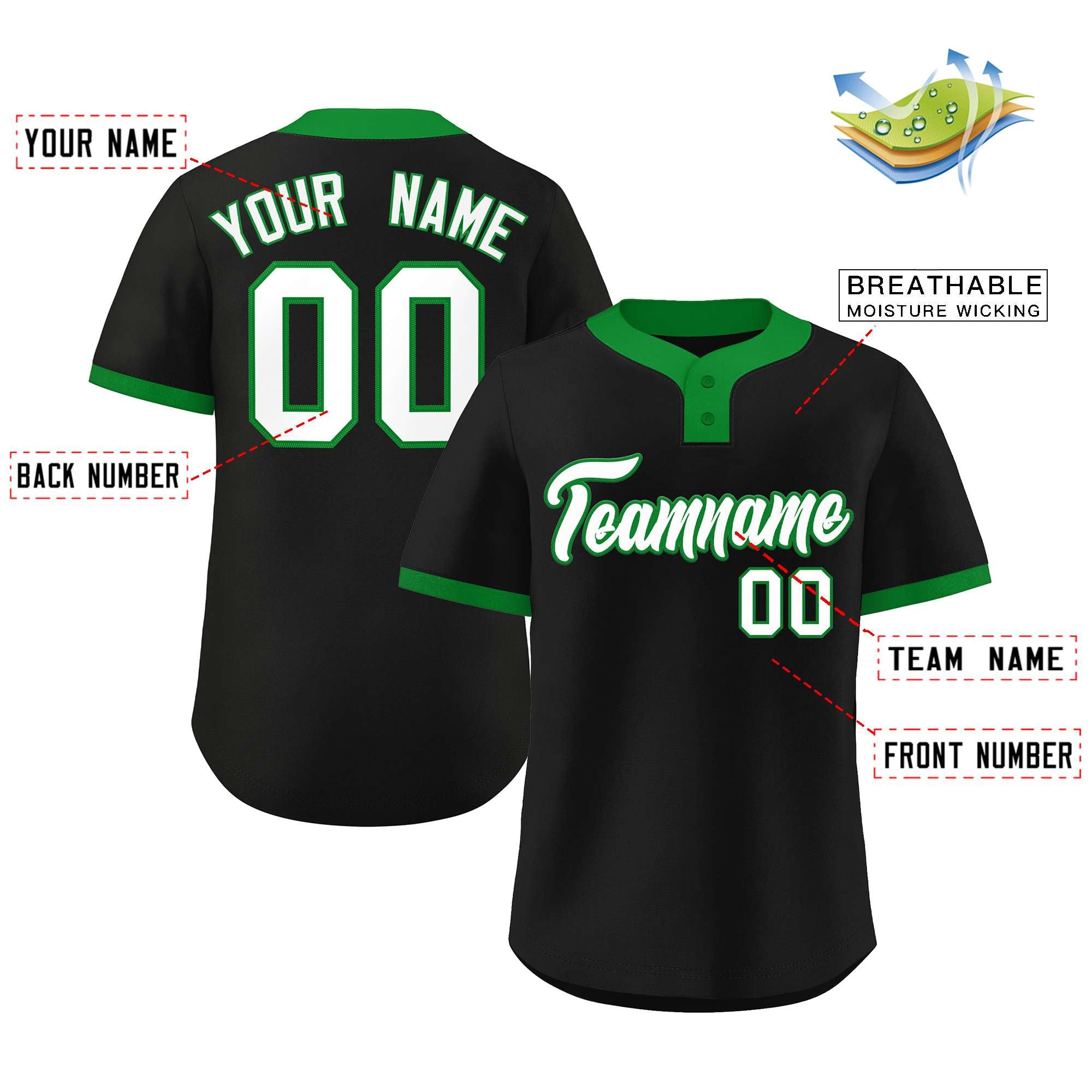 Custom Black White-Kelly Green Classic Style Authentic Two-Button Baseball Jersey