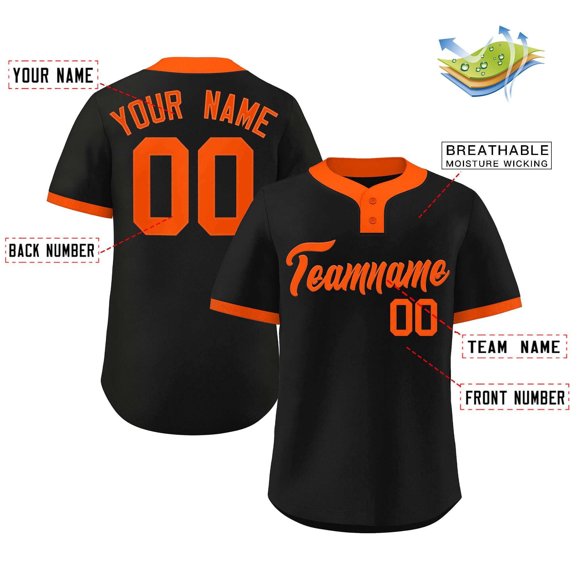 Maillot de baseball authentique à deux boutons, personnalisé, noir et orange, style classique