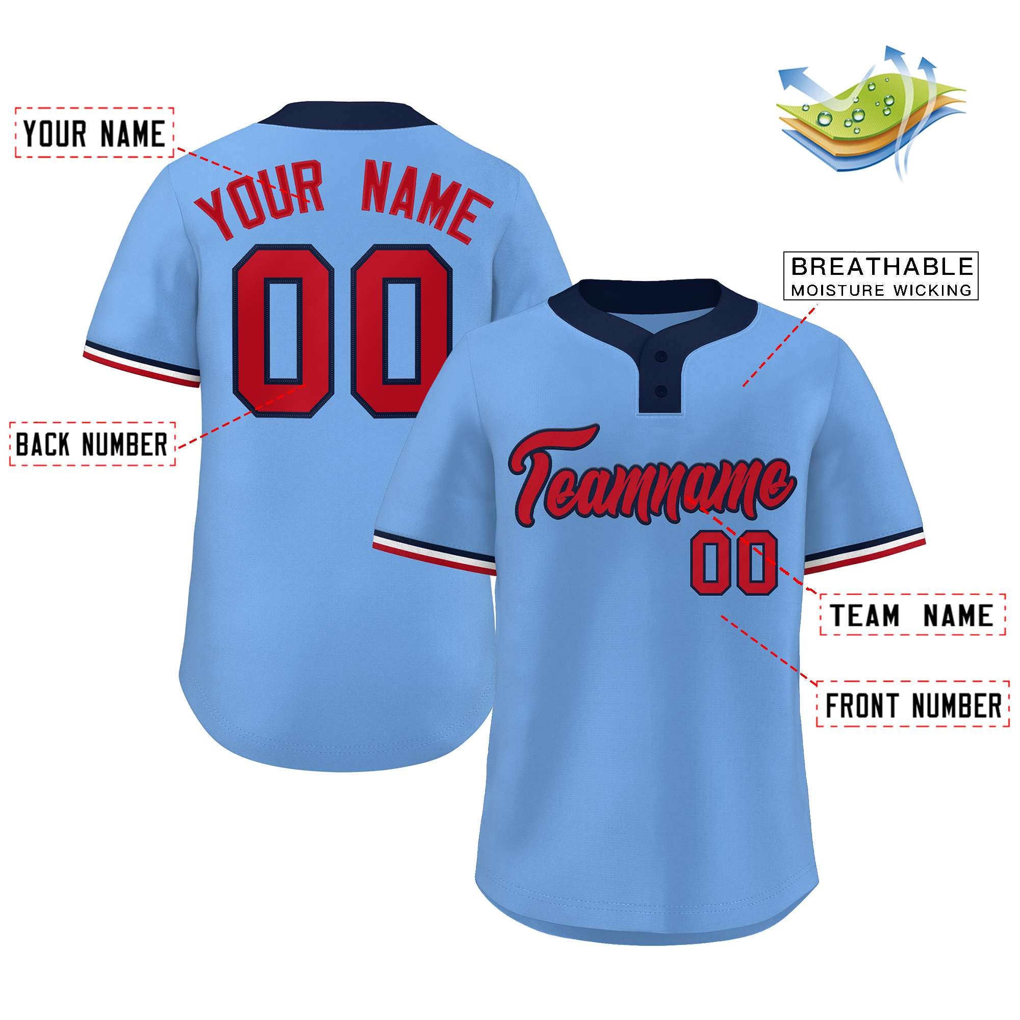 Custom Light Blue Red-Navy Classic Style Authentic Two-Button Baseball Jersey