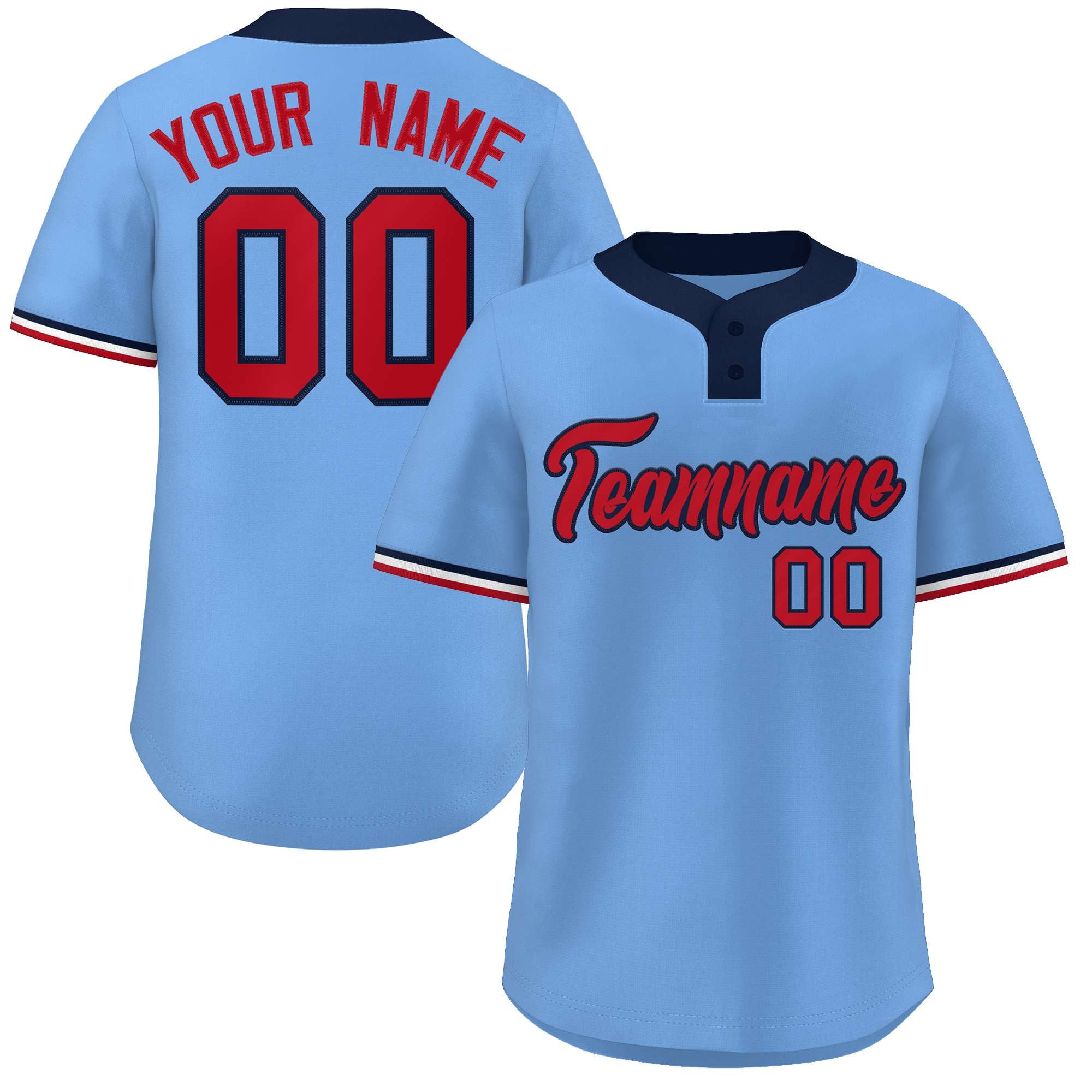 Maillot de baseball personnalisé à deux boutons, bleu clair, rouge-marine, style classique, authentique