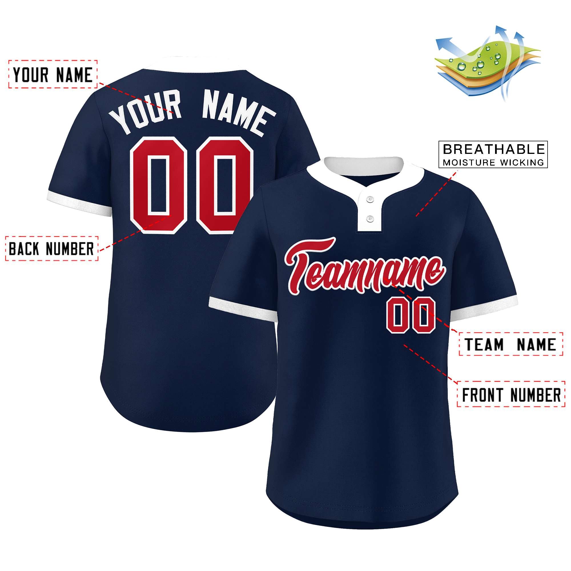 Custom Navy Red-White Classic Style Authentic Two-Button Baseball Jersey